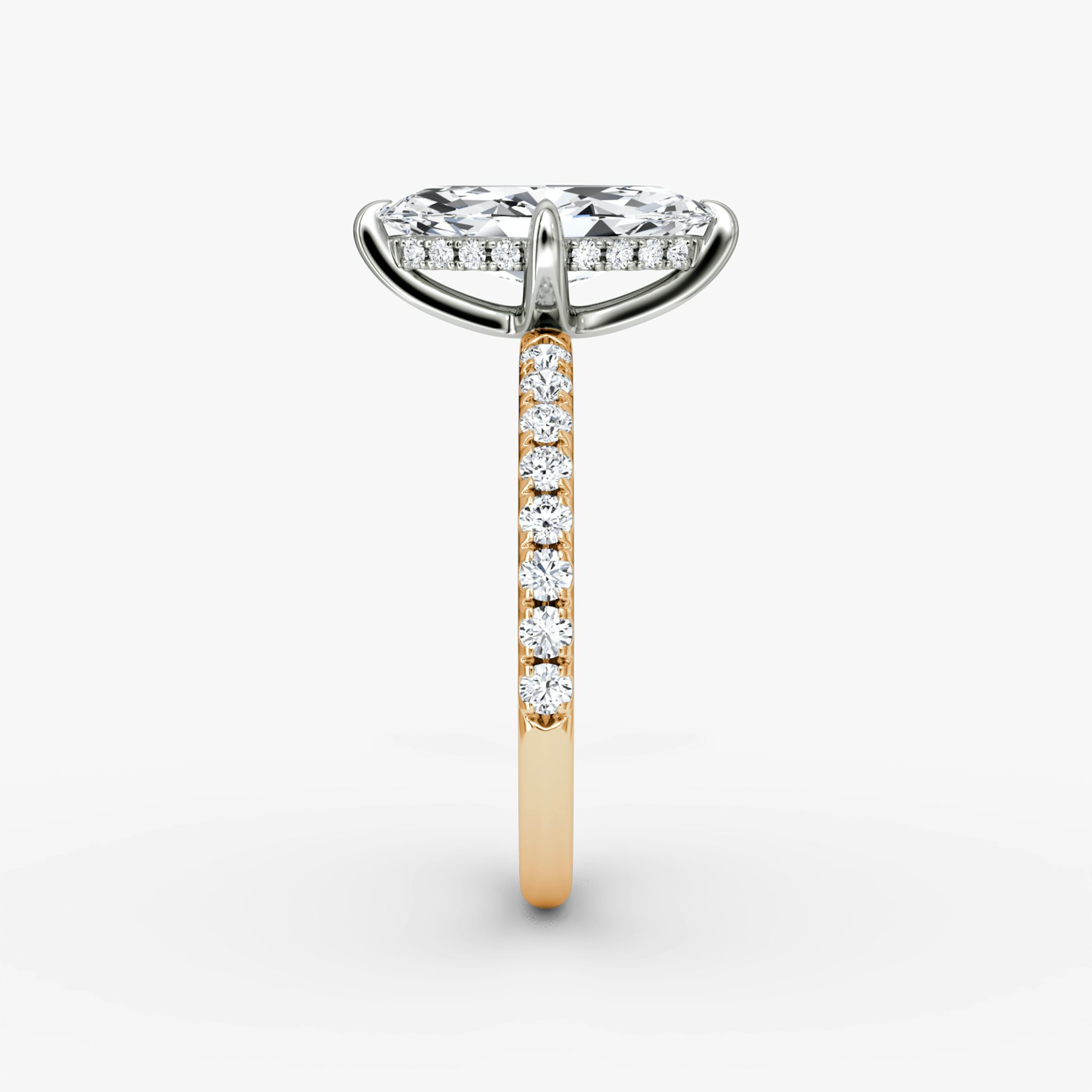 The Classic Hidden Halo | Marquise | 14k | Rose Gold and Platinum | bandAccent: Pavé | bandWidth: large | prongStyle: Plain | diamondOrientation: vertical | caratWeight: other