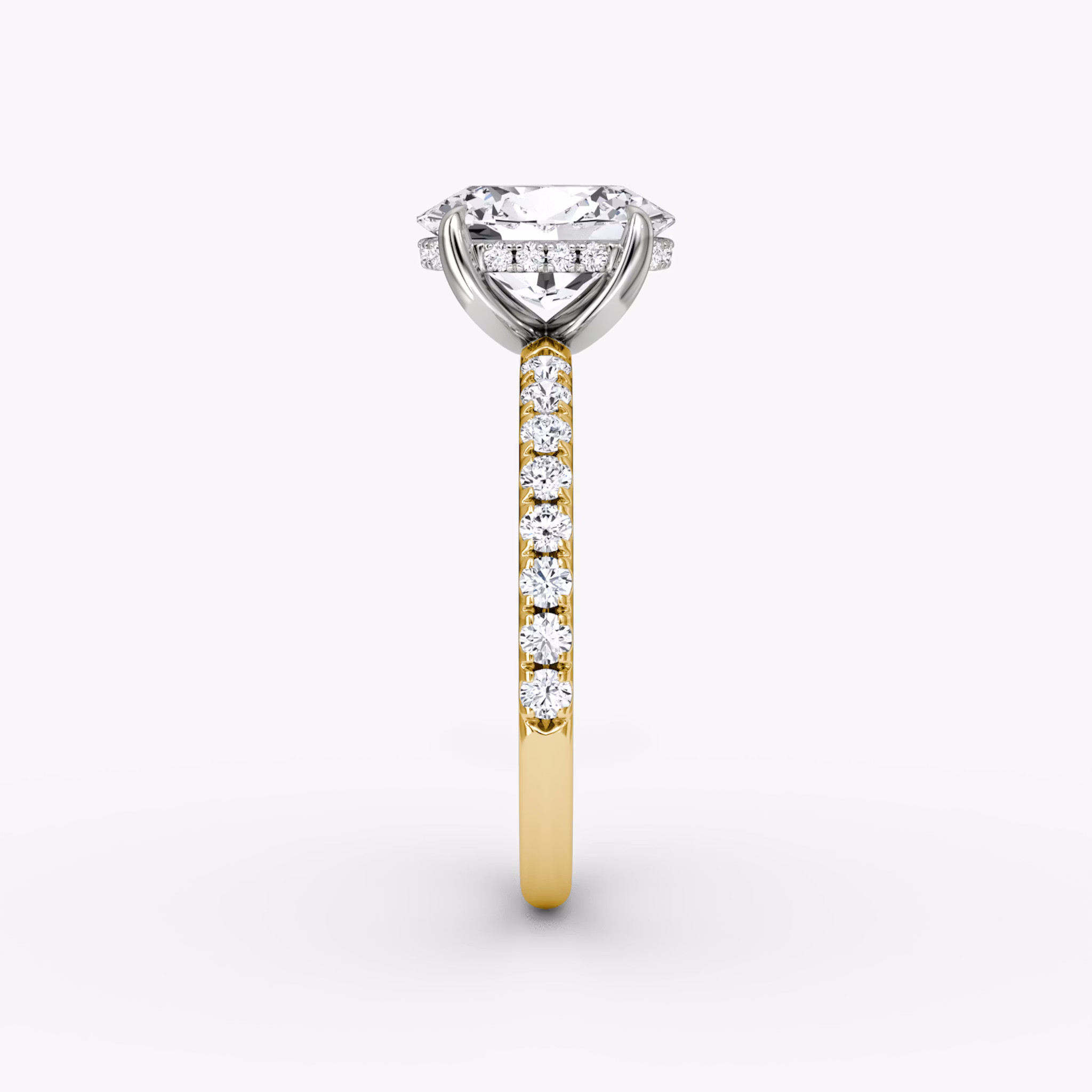 The Classic Hidden Halo | Oval | 18k | Yellow Gold and Platinum | bandAccent: Pavé | bandWidth: large | prongStyle: Plain | diamondOrientation: vertical | caratWeight: other