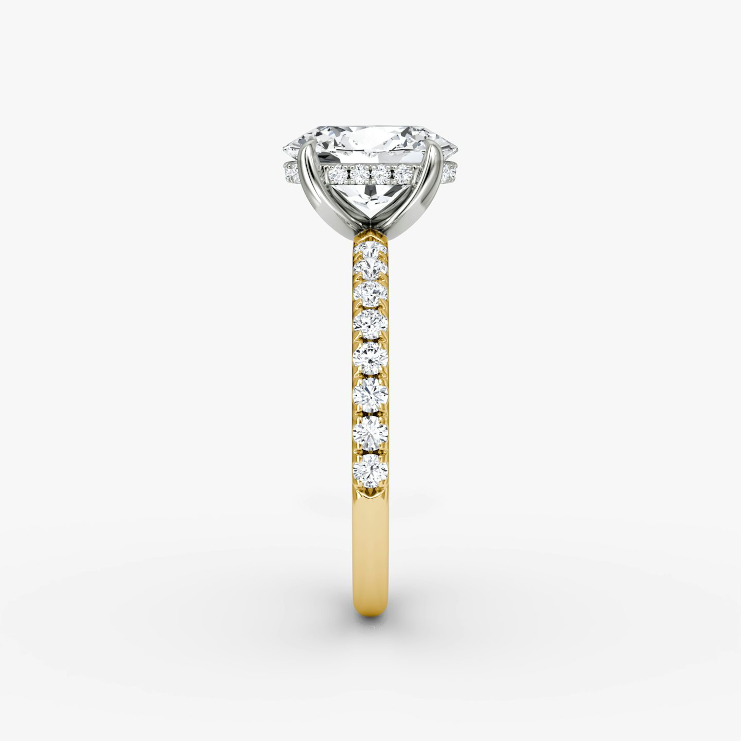 The Classic Hidden Halo | Oval | 18k | Yellow Gold and Platinum | bandAccent: Pavé | bandWidth: large | prongStyle: Plain | diamondOrientation: vertical | caratWeight: other