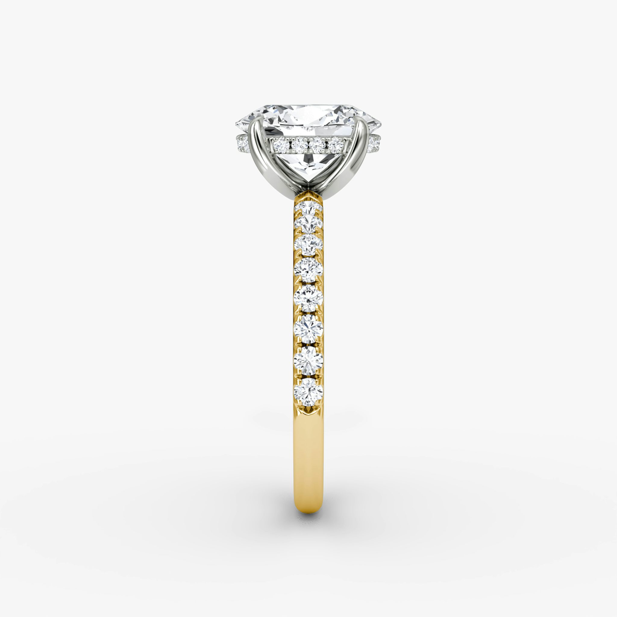The Classic Hidden Halo | Oval | 18k | Yellow Gold and Platinum | bandAccent: Pavé | bandWidth: large | prongStyle: Plain | diamondOrientation: vertical | caratWeight: other