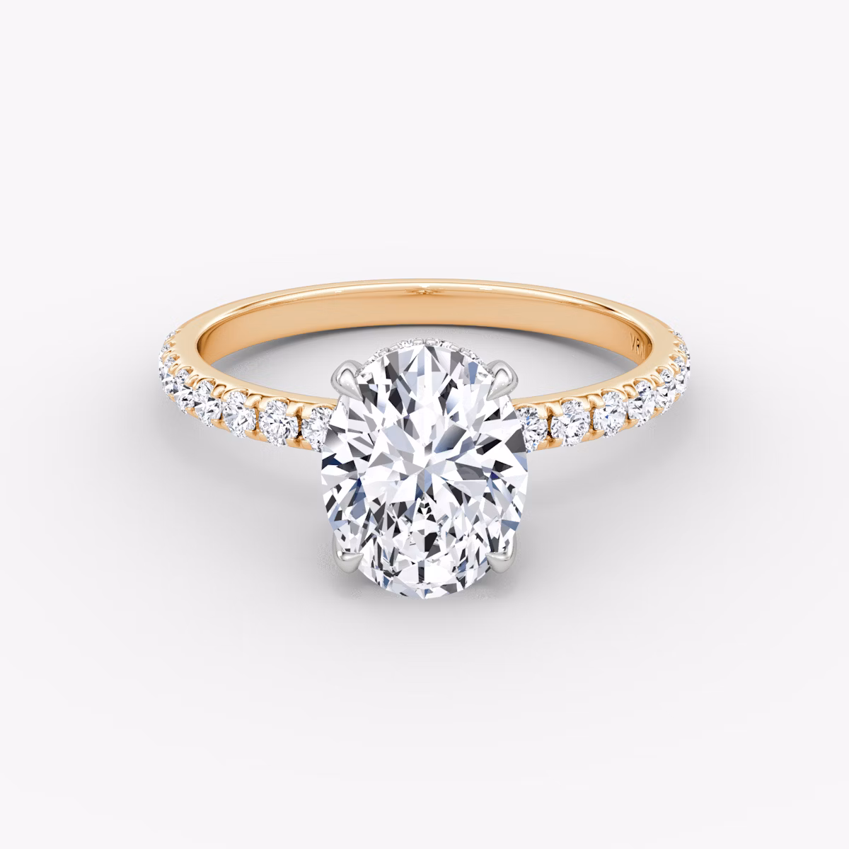 The Classic Hidden Halo | Oval | 14k | Rose Gold and Platinum | bandAccent: Pavé | bandWidth: large | prongStyle: Plain | diamondOrientation: vertical | caratWeight: other