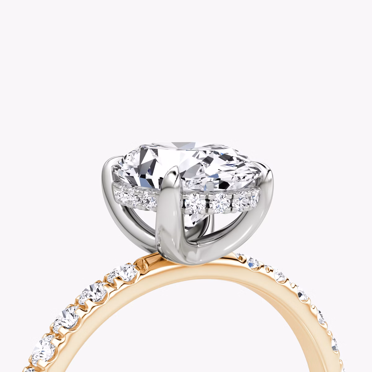 The Classic Hidden Halo | Oval | 14k | Rose Gold and Platinum | bandAccent: Pavé | bandWidth: large | prongStyle: Plain | diamondOrientation: vertical | caratWeight: other