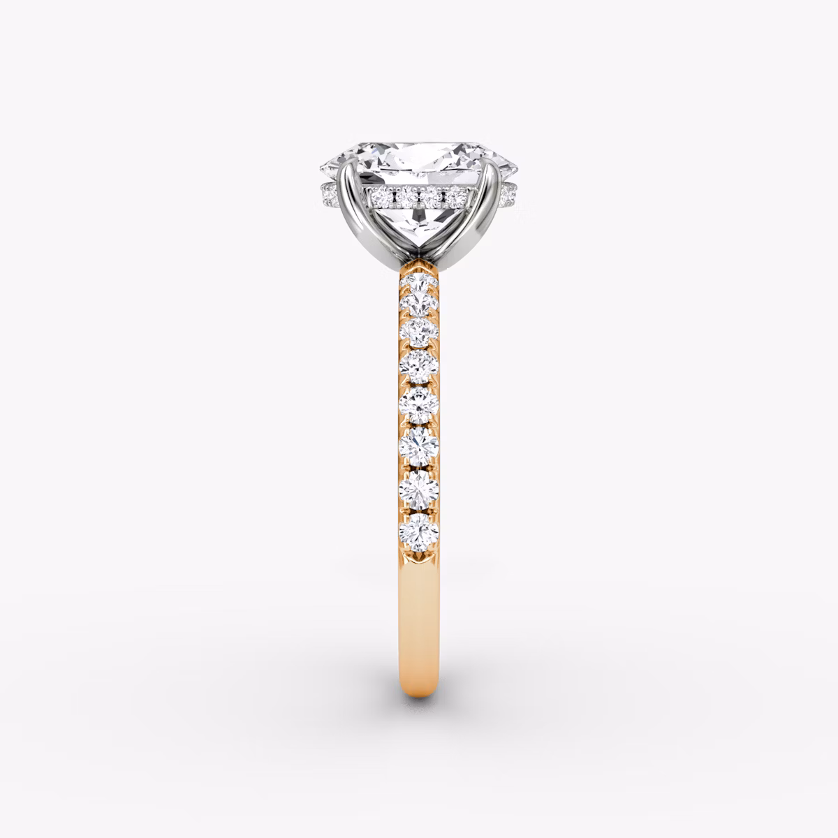 The Classic Hidden Halo | Oval | 14k | Rose Gold and Platinum | bandAccent: Pavé | bandWidth: large | prongStyle: Plain | diamondOrientation: vertical | caratWeight: other
