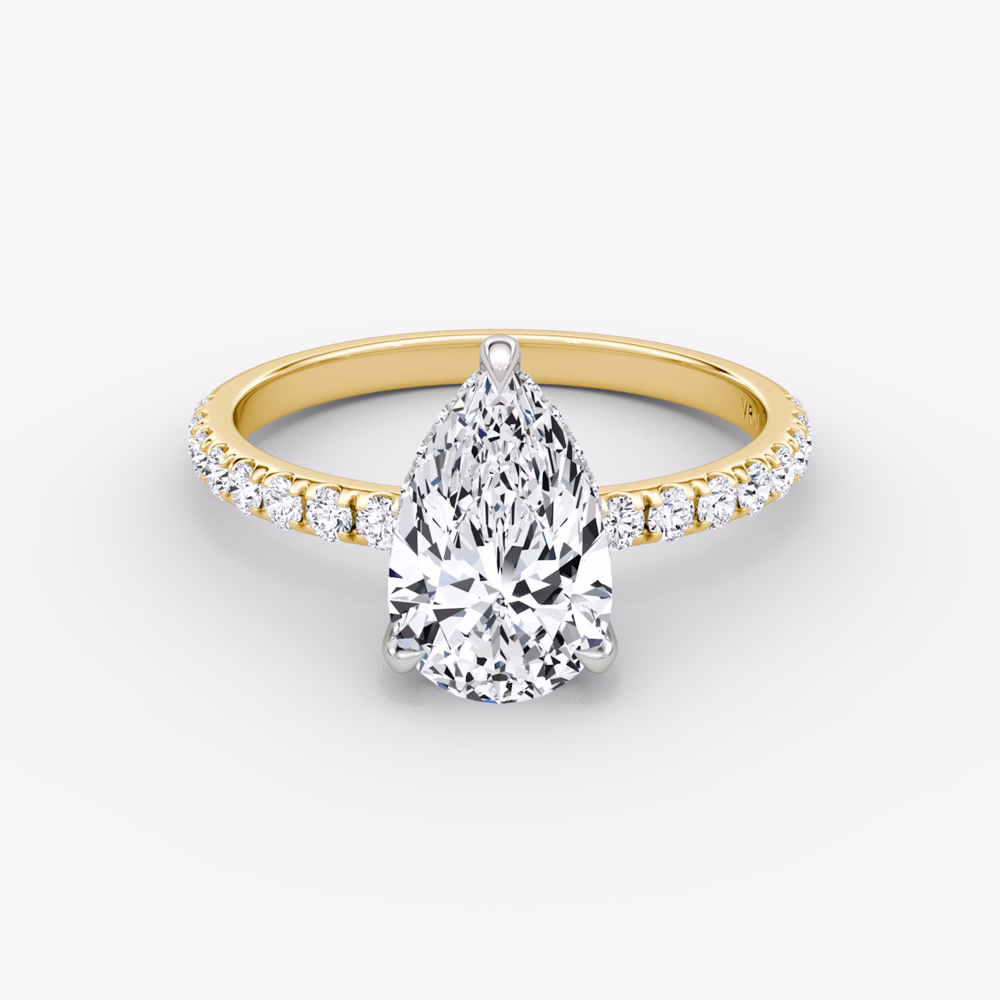 The Classic Hidden Halo | Pear | 18k | Yellow Gold and Platinum | bandAccent: Pavé | bandWidth: large | prongStyle: Plain | diamondOrientation: vertical | caratWeight: other