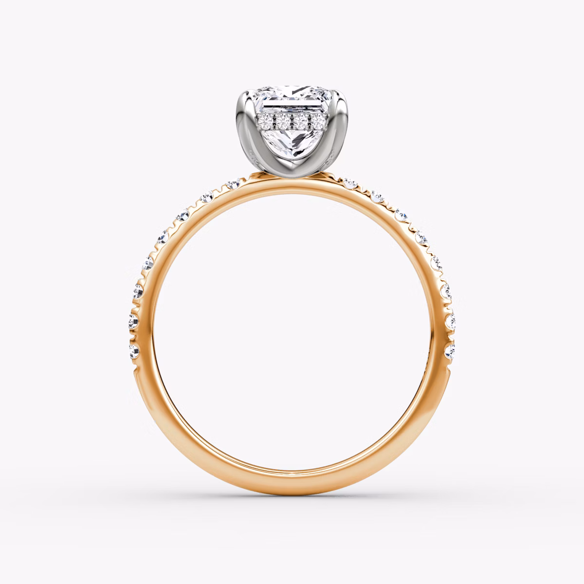 The Classic Hidden Halo | Princess | 14k | Rose Gold and Platinum | bandAccent: Pavé | bandWidth: large | prongStyle: Plain | diamondOrientation: vertical | caratWeight: other