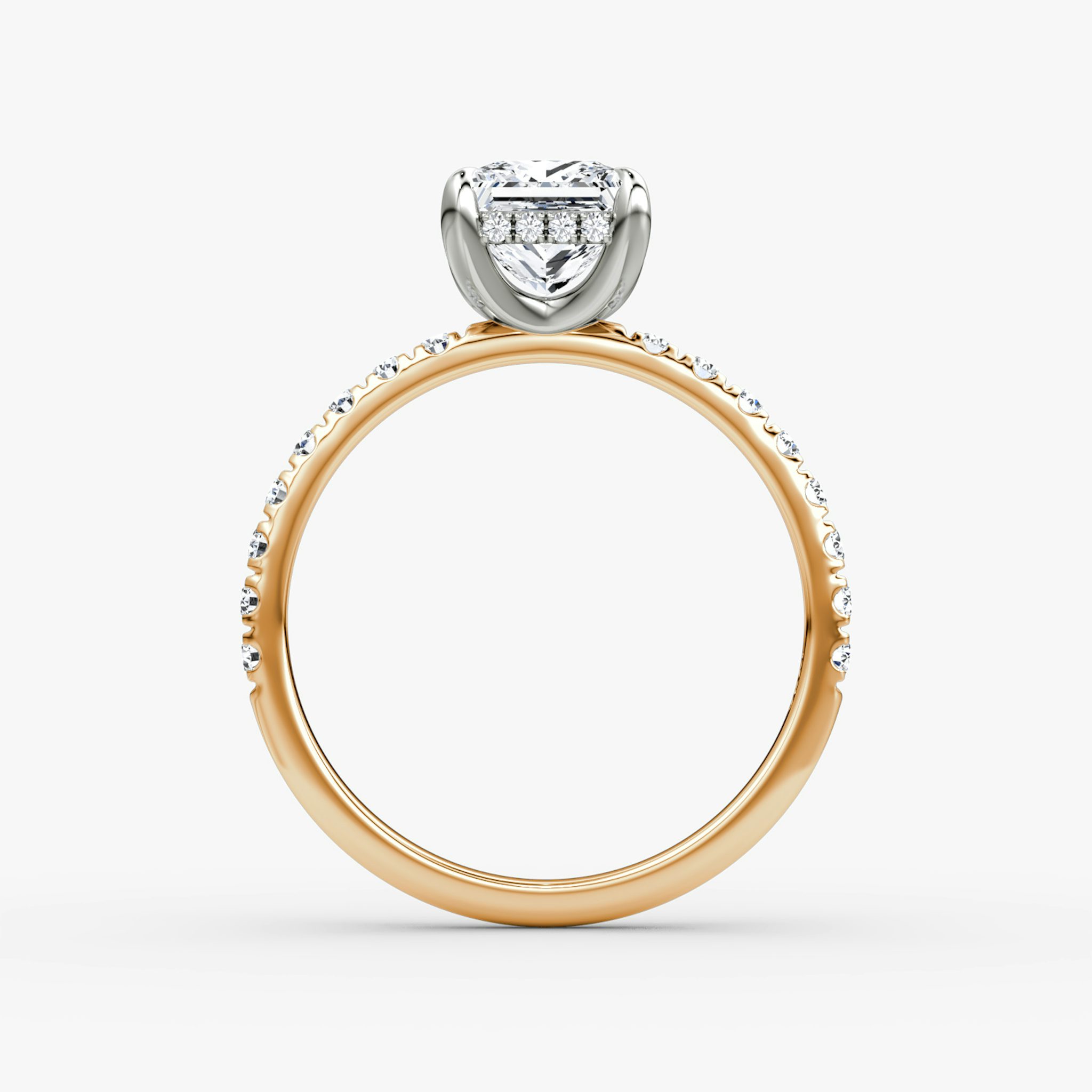 The Classic Hidden Halo | Princess | 14k | Rose Gold and Platinum | bandAccent: Pavé | bandWidth: large | prongStyle: Plain | diamondOrientation: vertical | caratWeight: other