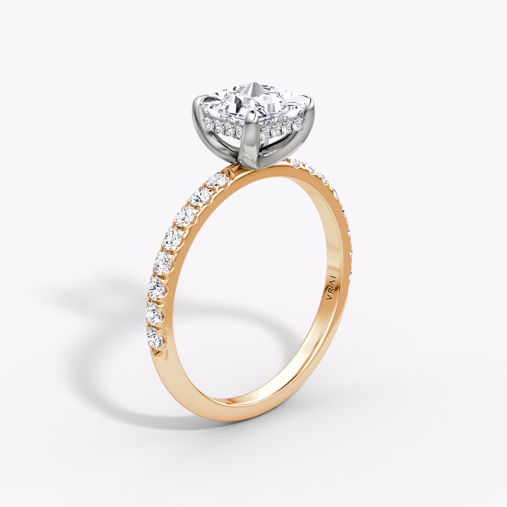 The Classic Hidden Halo | Princess | 14k | Rose Gold and Platinum | bandAccent: Pavé | bandWidth: large | prongStyle: Plain | diamondOrientation: vertical | caratWeight: other