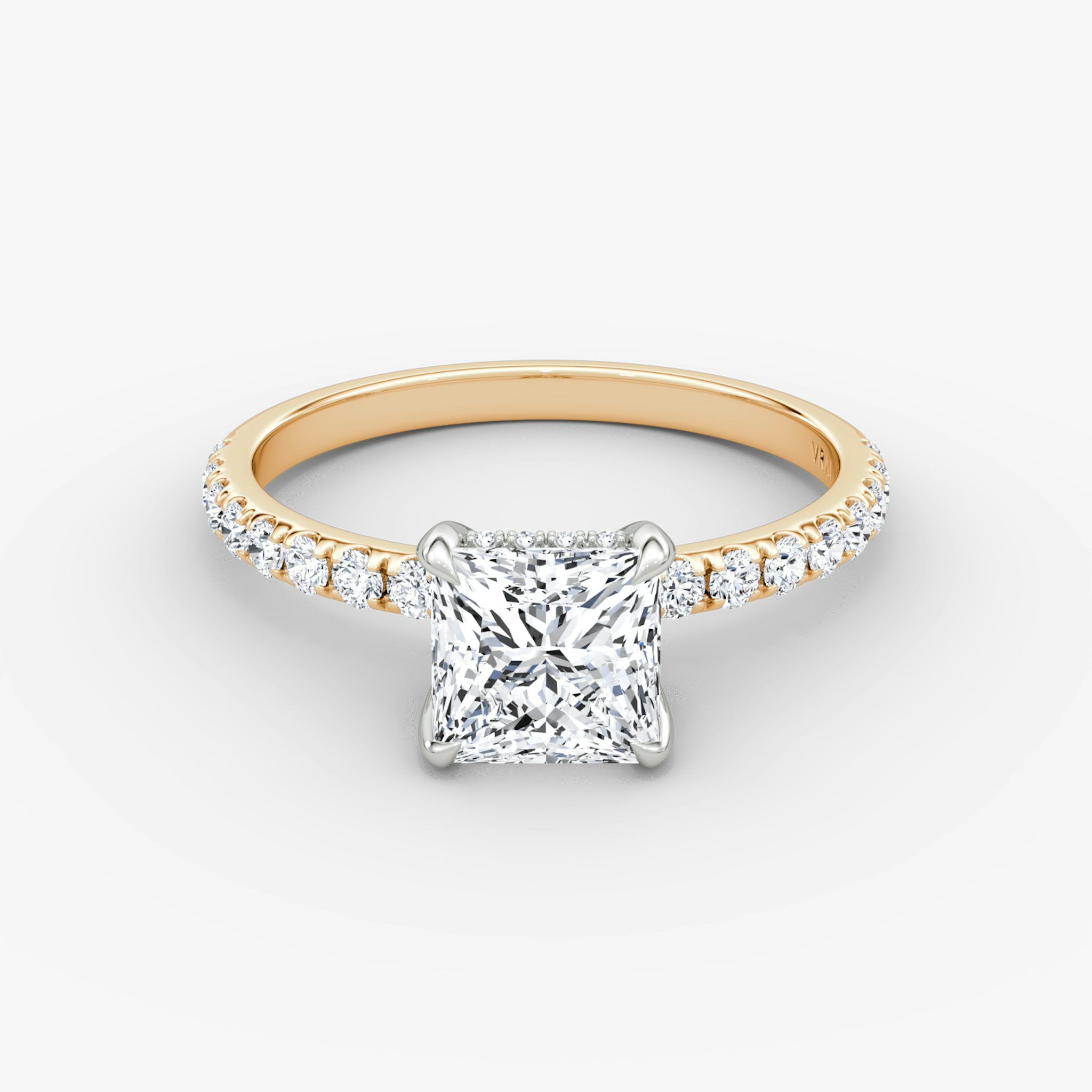 The Classic Hidden Halo | Princess | 14k | Rose Gold and Platinum | bandAccent: Pavé | bandWidth: large | prongStyle: Plain | diamondOrientation: vertical | caratWeight: other