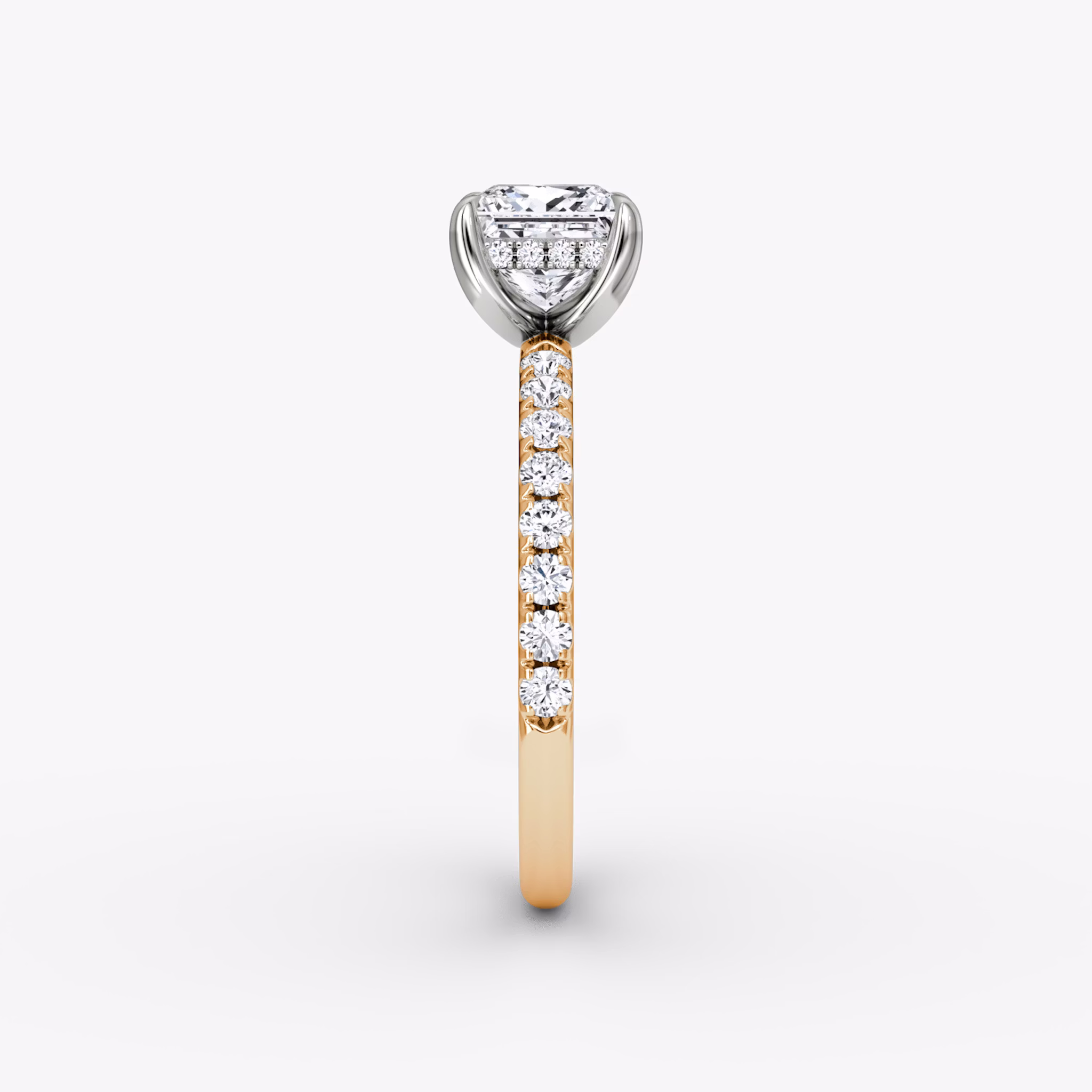 The Classic Hidden Halo | Princess | 14k | Rose Gold and Platinum | bandAccent: Pavé | bandWidth: large | prongStyle: Plain | diamondOrientation: vertical | caratWeight: other