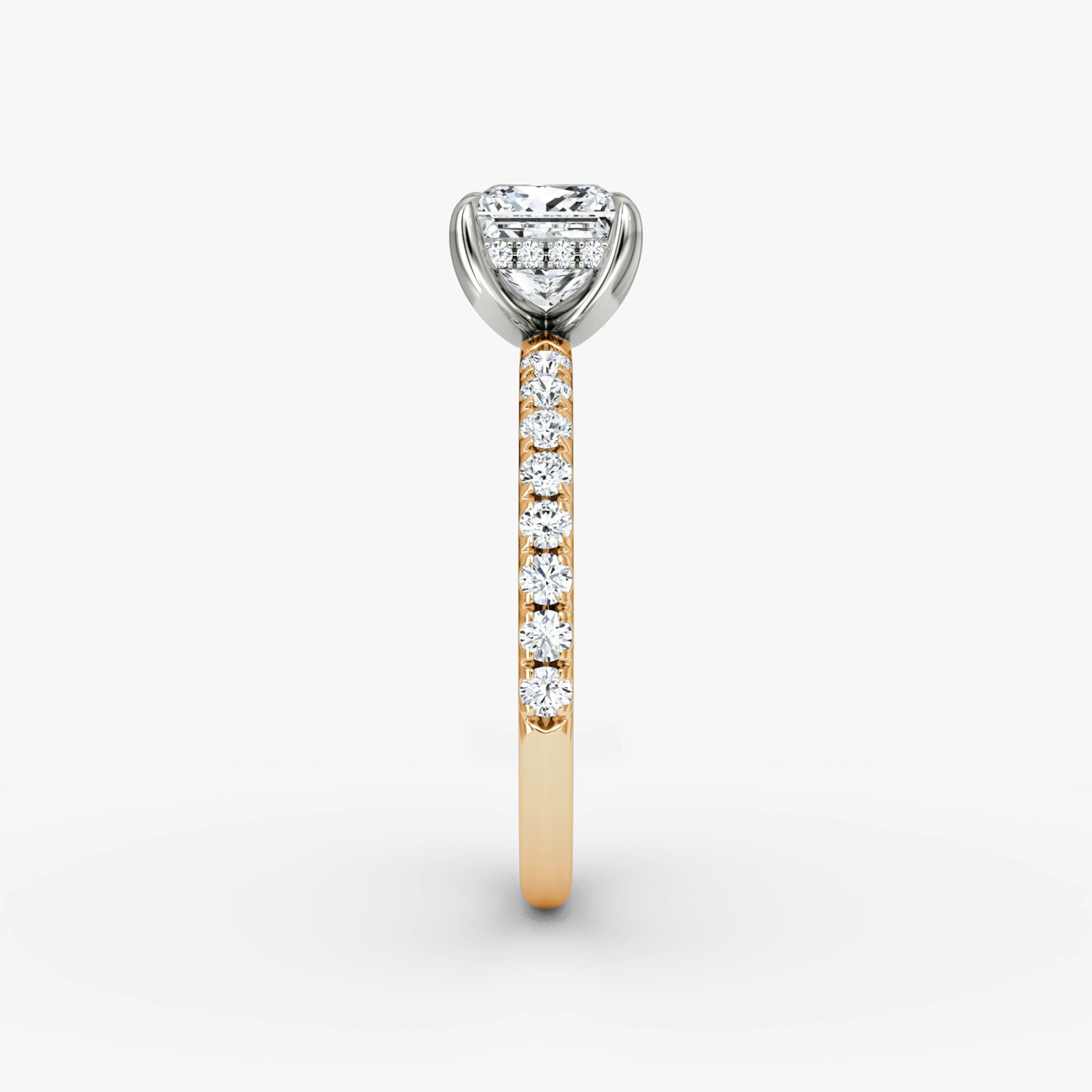 The Classic Hidden Halo | Princess | 14k | Rose Gold and Platinum | bandAccent: Pavé | bandWidth: large | prongStyle: Plain | diamondOrientation: vertical | caratWeight: other