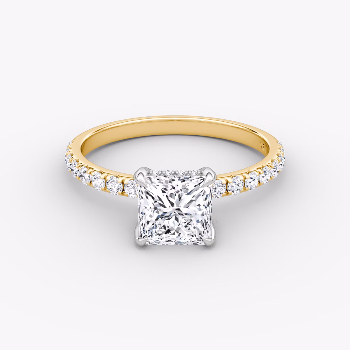The Classic Hidden Halo | Princess | 18k | Yellow Gold and Platinum | bandAccent: Pavé | bandWidth: large | prongStyle: Plain | diamondOrientation: vertical | caratWeight: other