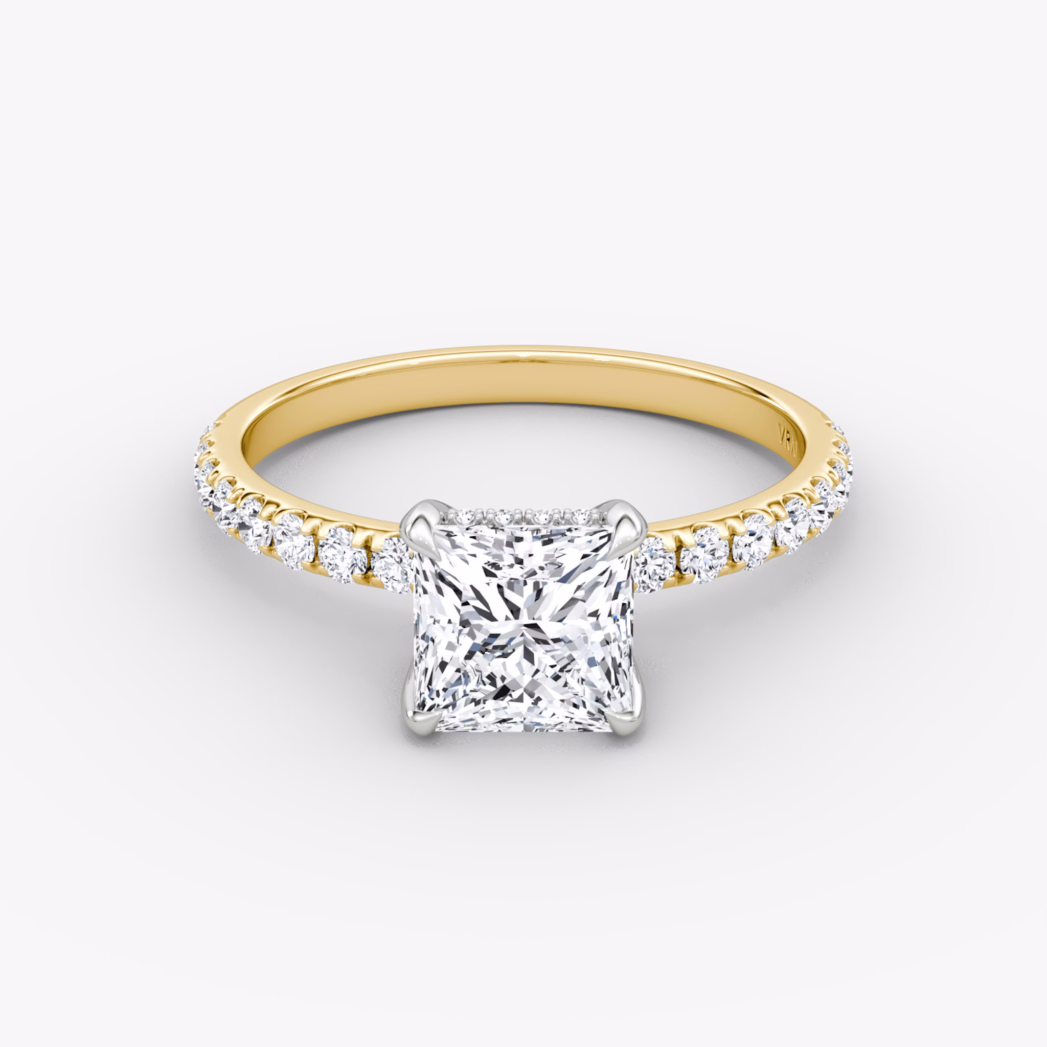 The Classic Hidden Halo | Princess | 18k | Yellow Gold and Platinum | bandAccent: Pavé | bandWidth: large | prongStyle: Plain | diamondOrientation: vertical | caratWeight: other