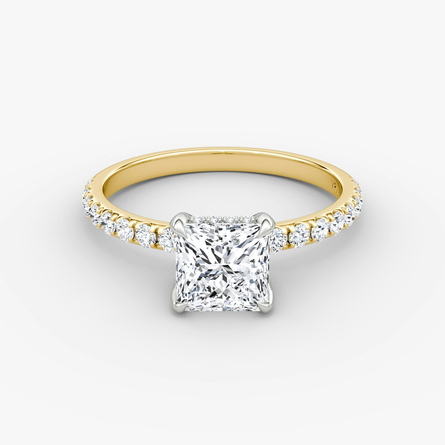 The Classic Hidden Halo | Princess | 18k | Yellow Gold and Platinum | bandAccent: Pavé | bandWidth: large | prongStyle: Plain | diamondOrientation: vertical | caratWeight: other