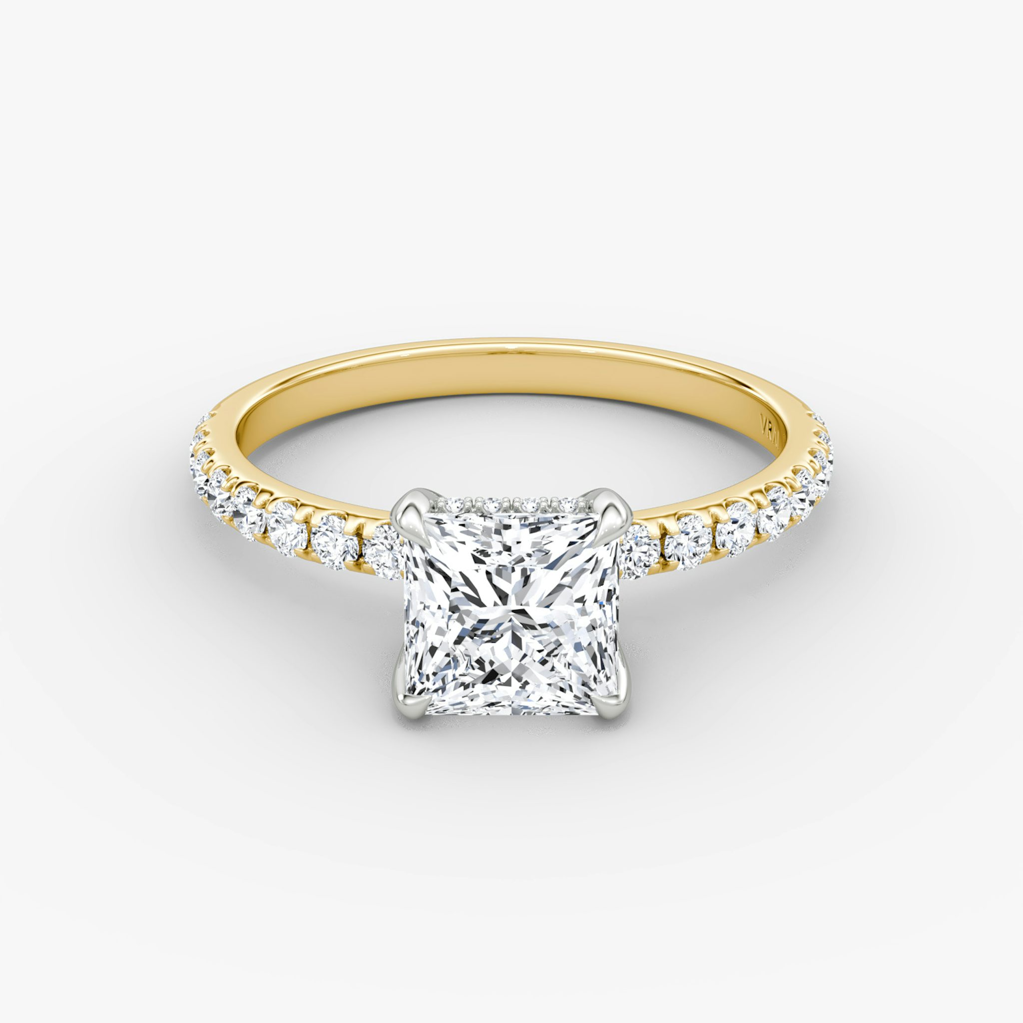 The Classic Hidden Halo | Princess | 18k | Yellow Gold and Platinum | bandAccent: Pavé | bandWidth: large | prongStyle: Plain | diamondOrientation: vertical | caratWeight: other