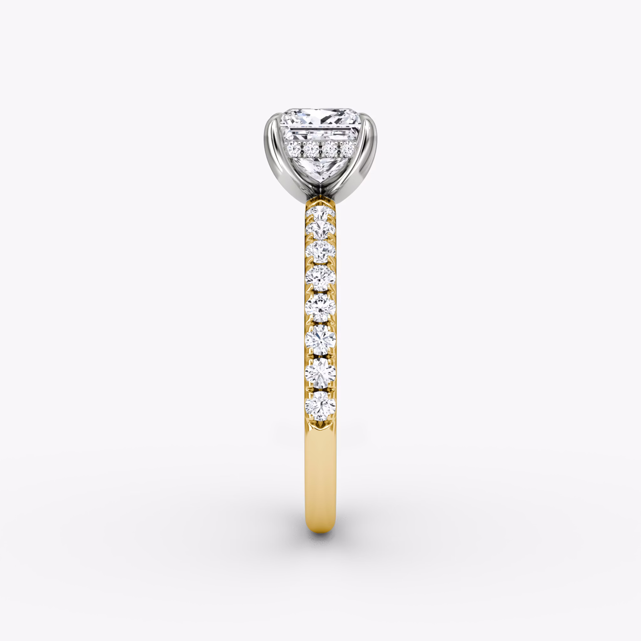 The Classic Hidden Halo | Princess | 18k | Yellow Gold and Platinum | bandAccent: Pavé | bandWidth: large | prongStyle: Plain | diamondOrientation: vertical | caratWeight: other