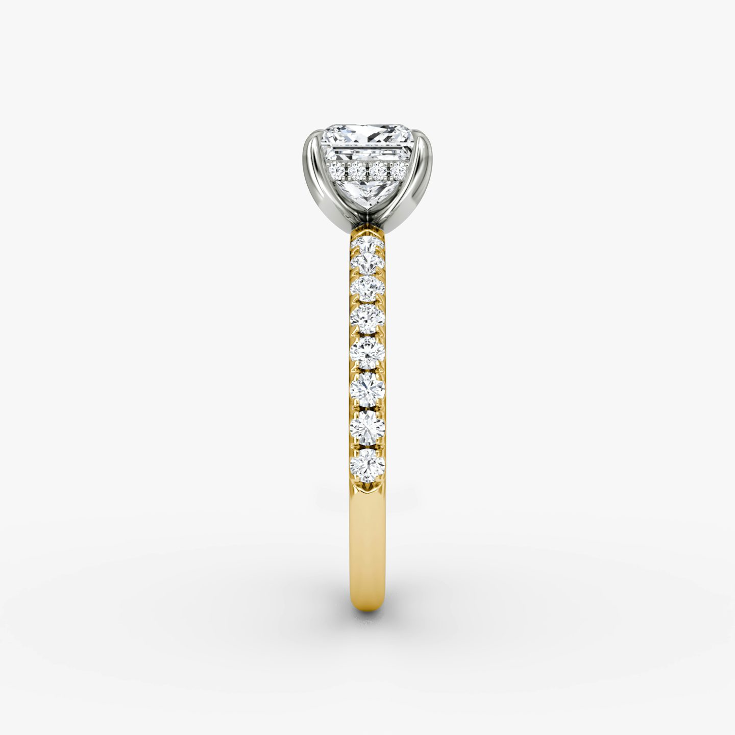 The Classic Hidden Halo | Princess | 18k | Yellow Gold and Platinum | bandAccent: Pavé | bandWidth: large | prongStyle: Plain | diamondOrientation: vertical | caratWeight: other