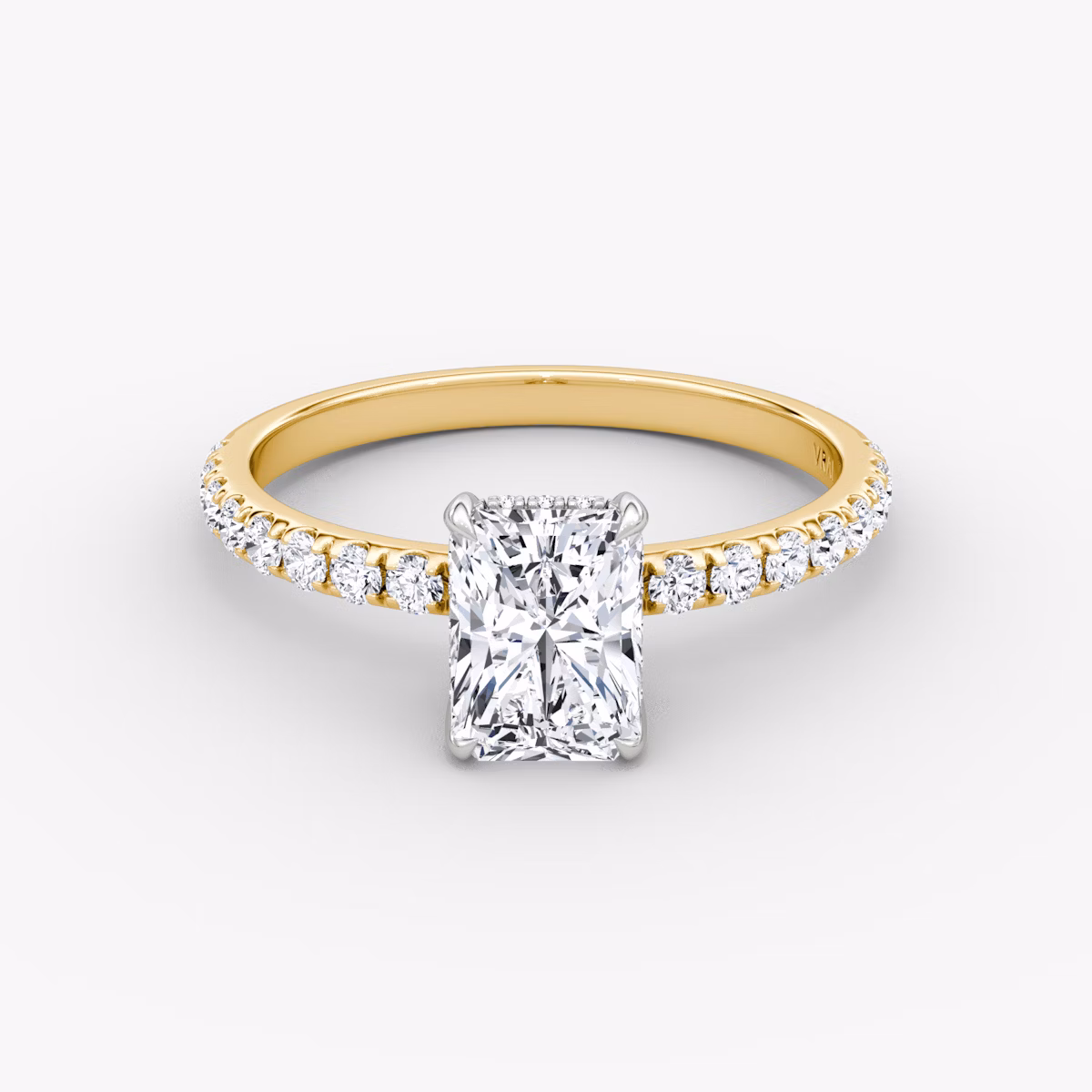 The Classic Hidden Halo | Radiant | 18k | Yellow Gold and Platinum | bandAccent: Pavé | bandWidth: large | prongStyle: Plain | diamondOrientation: vertical | caratWeight: other