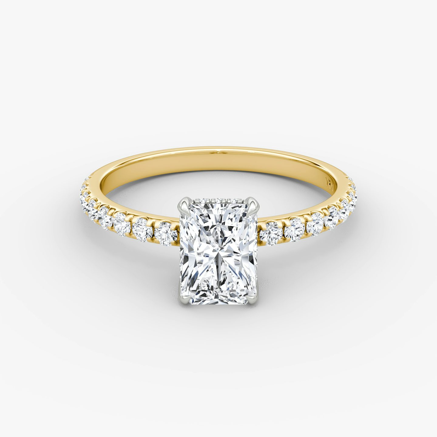 The Classic Hidden Halo | Radiant | 18k | Yellow Gold and Platinum | bandAccent: Pavé | bandWidth: large | prongStyle: Plain | diamondOrientation: vertical | caratWeight: other
