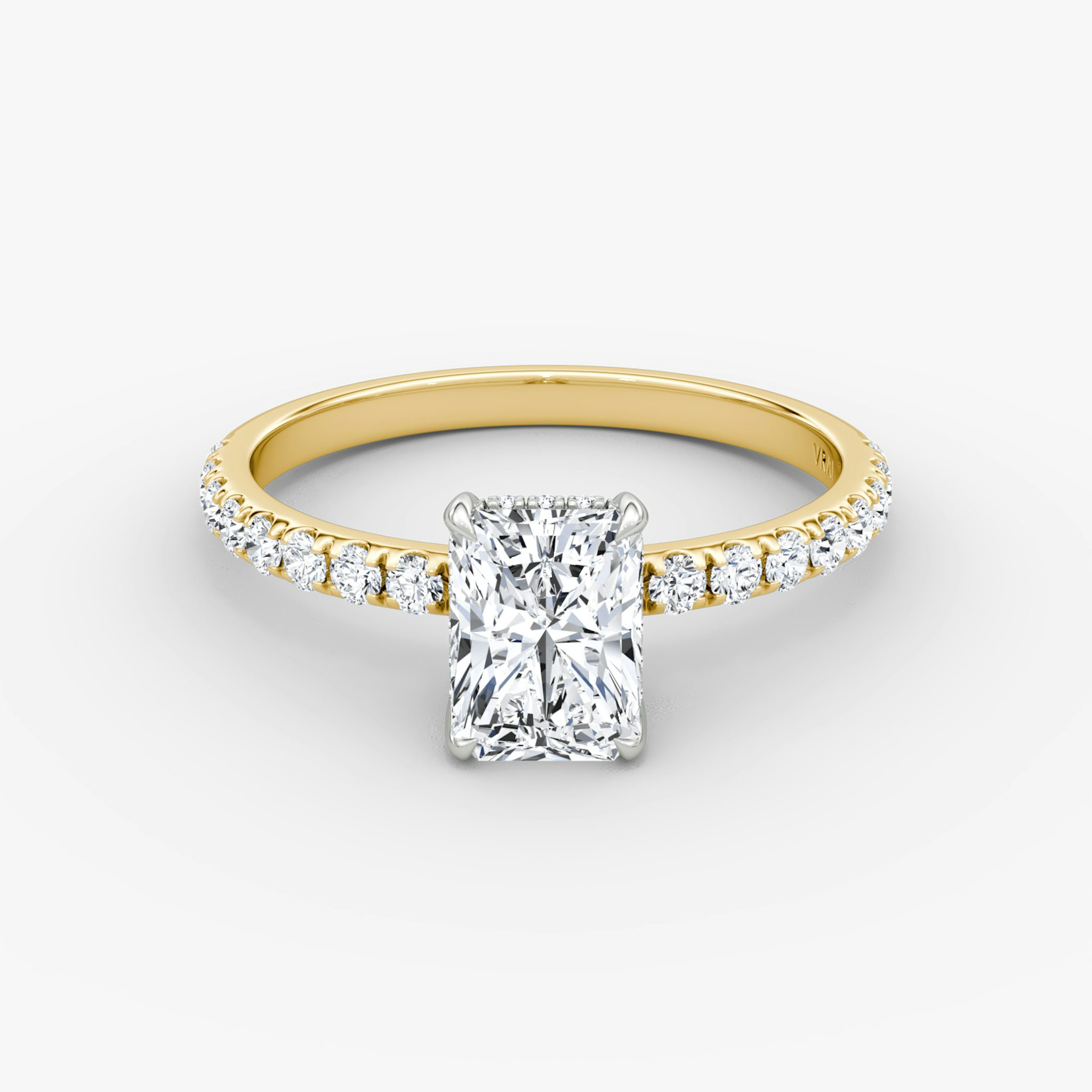 The Classic Hidden Halo | Radiant | 18k | Yellow Gold and Platinum | bandAccent: Pavé | bandWidth: large | prongStyle: Plain | diamondOrientation: vertical | caratWeight: other
