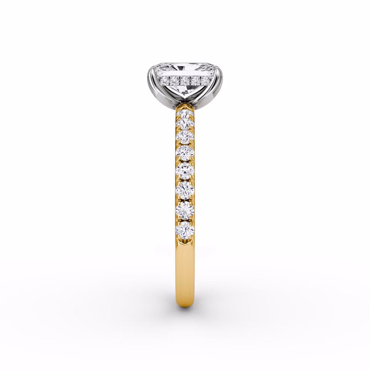 The Classic Hidden Halo | Radiant | 18k | Yellow Gold and Platinum | bandAccent: Pavé | bandWidth: large | prongStyle: Plain | diamondOrientation: vertical | caratWeight: other