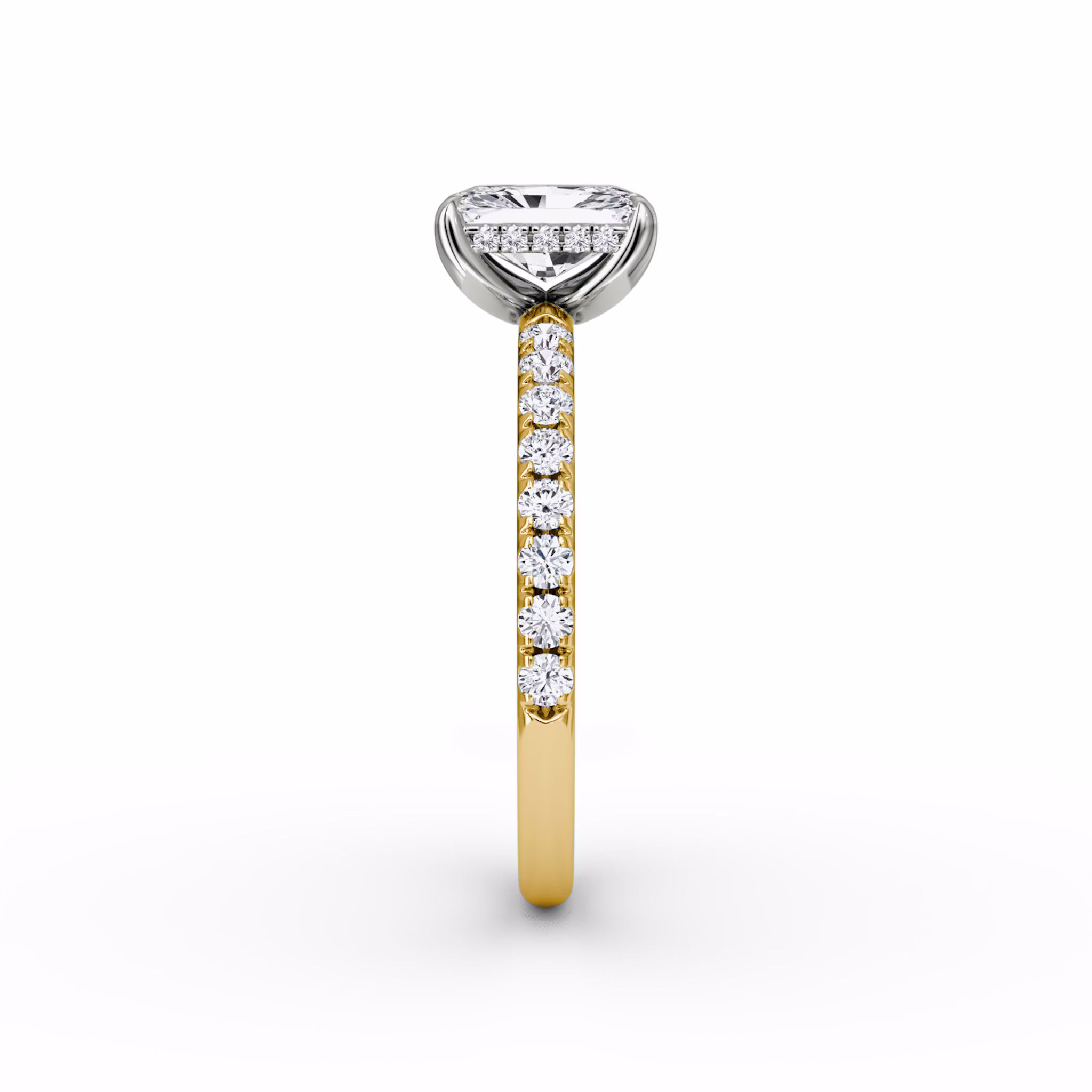 The Classic Hidden Halo | Radiant | 18k | Yellow Gold and Platinum | bandAccent: Pavé | bandWidth: large | prongStyle: Plain | diamondOrientation: vertical | caratWeight: other