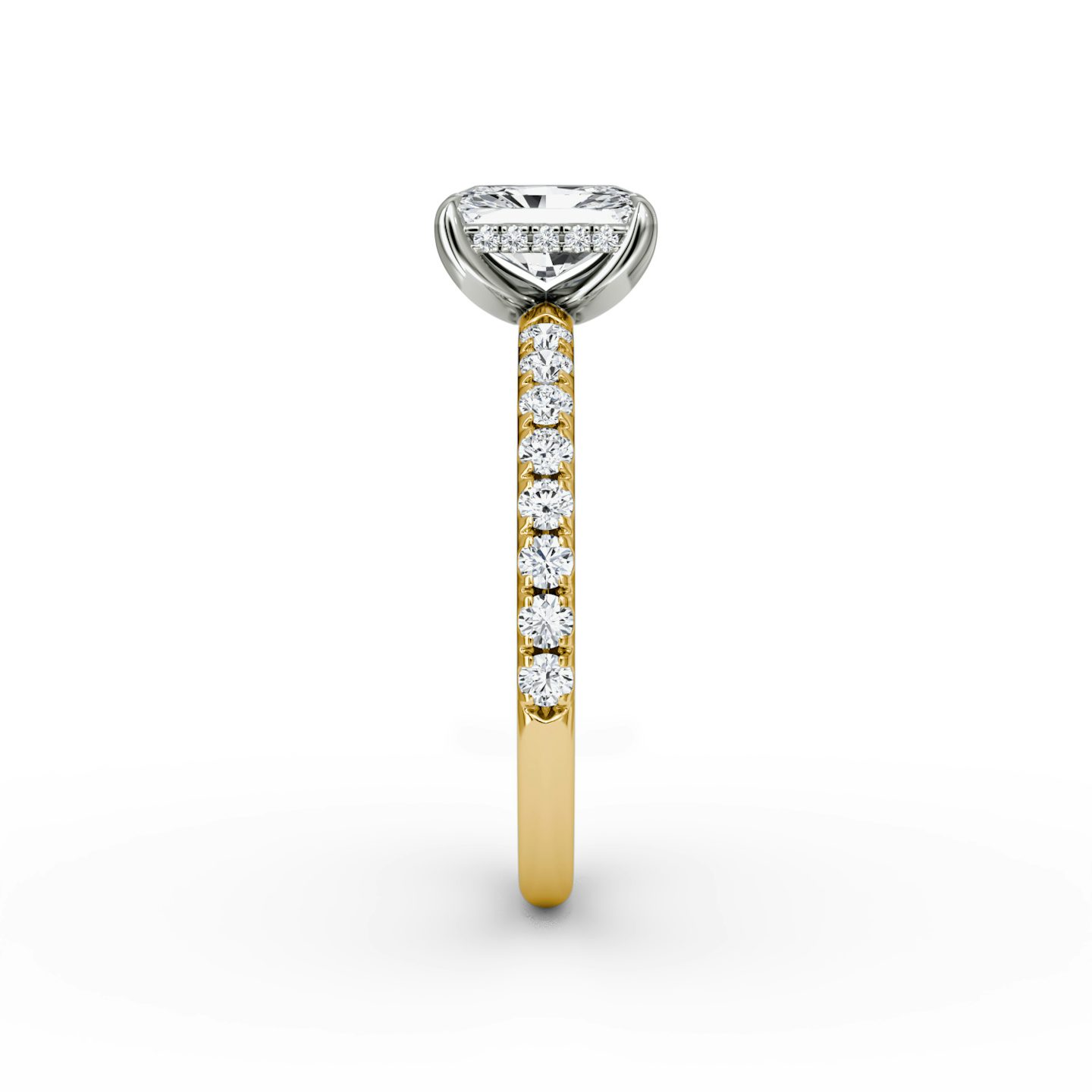 The Classic Hidden Halo | Radiant | 18k | Yellow Gold and Platinum | bandAccent: Pavé | bandWidth: large | prongStyle: Plain | diamondOrientation: vertical | caratWeight: other
