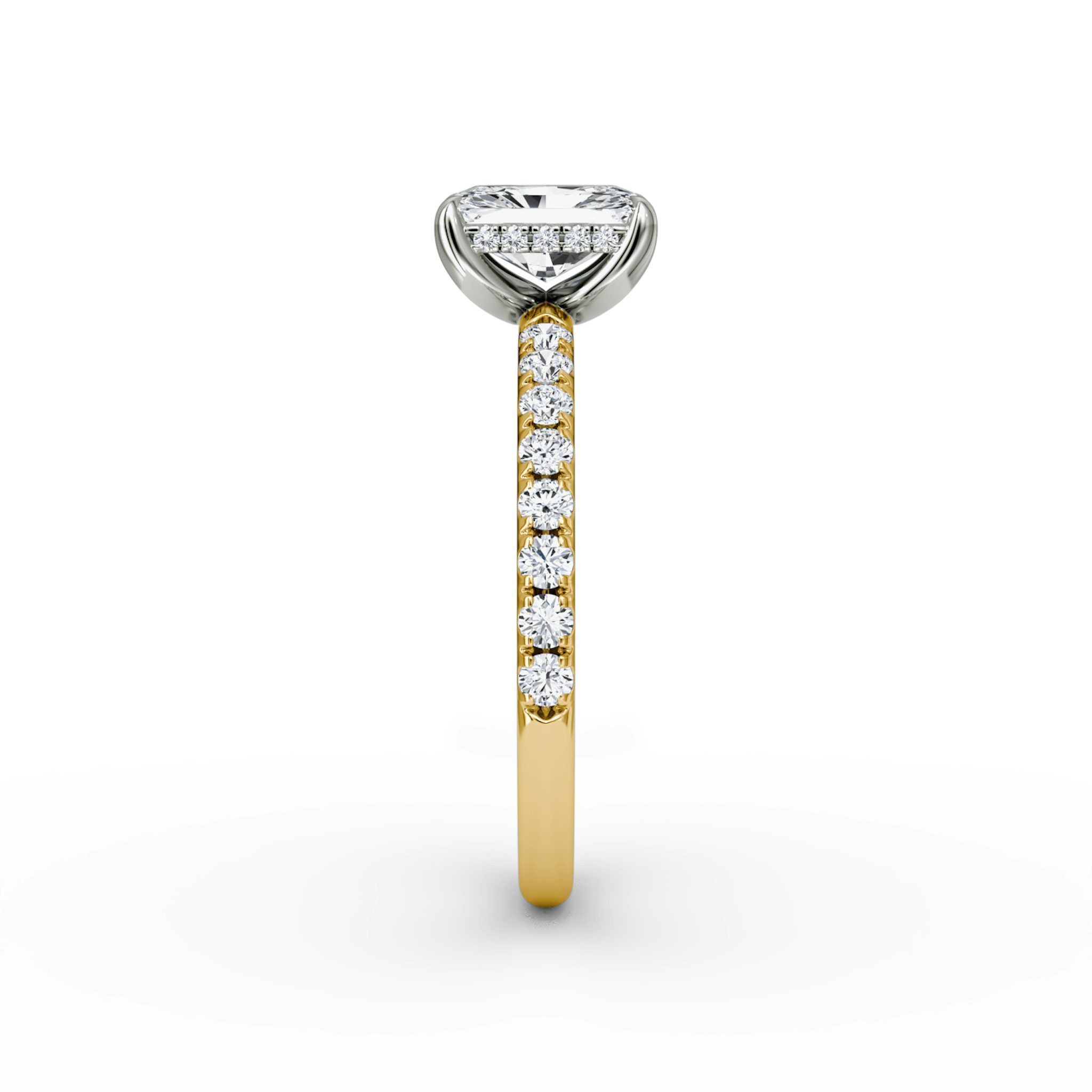 The Classic Hidden Halo | Radiant | 18k | Yellow Gold and Platinum | bandAccent: Pavé | bandWidth: large | prongStyle: Plain | diamondOrientation: vertical | caratWeight: other