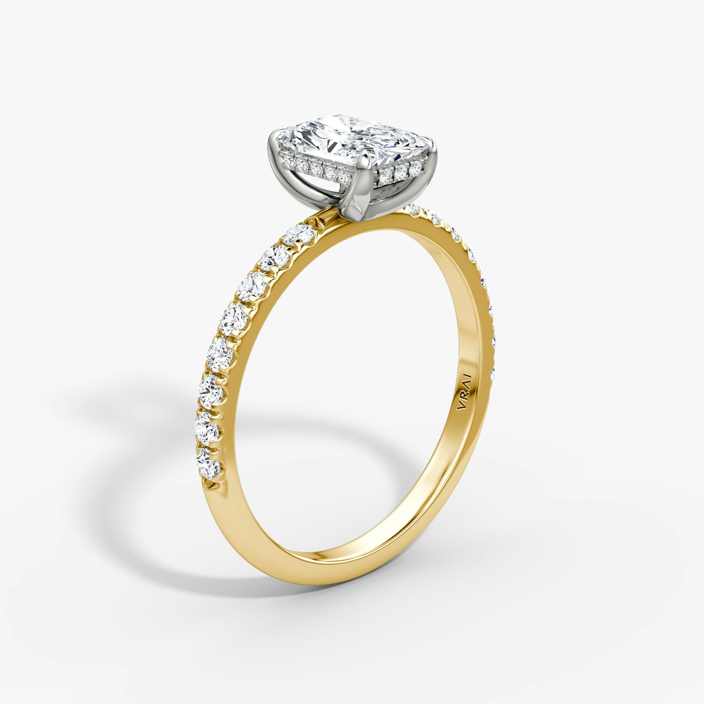 The Classic Hidden Halo | Radiant | 18k | Yellow Gold and Platinum | bandAccent: Pavé | bandWidth: large | prongStyle: Plain | diamondOrientation: vertical | caratWeight: other