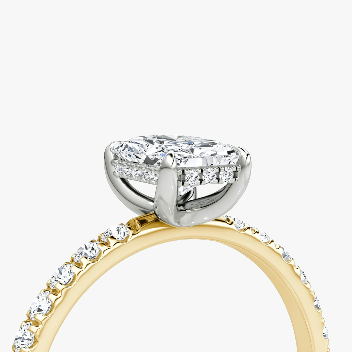 The Classic Hidden Halo | Radiant | 18k | Yellow Gold and Platinum | bandAccent: Pavé | bandWidth: large | prongStyle: Plain | diamondOrientation: vertical | caratWeight: other