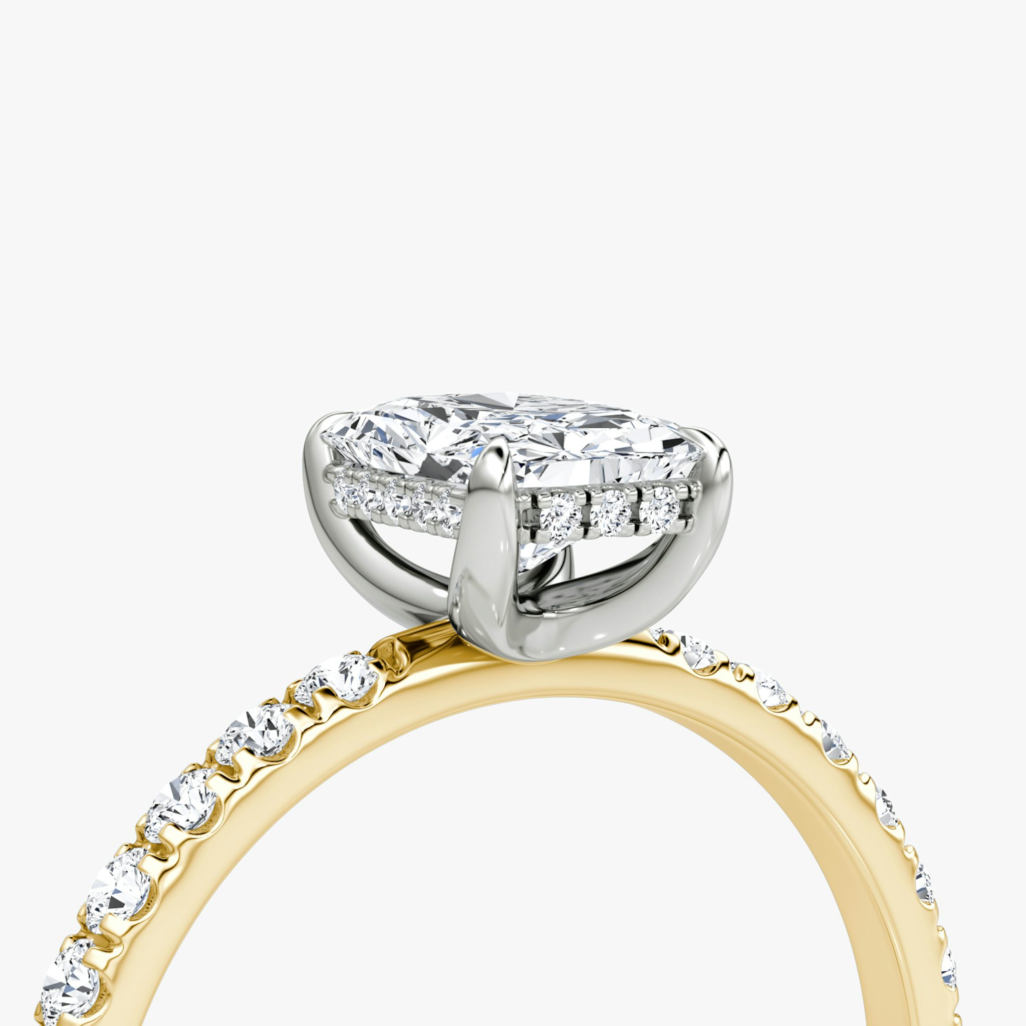 The Classic Hidden Halo | Radiant | 18k | Yellow Gold and Platinum | bandAccent: Pavé | bandWidth: large | prongStyle: Plain | diamondOrientation: vertical | caratWeight: other