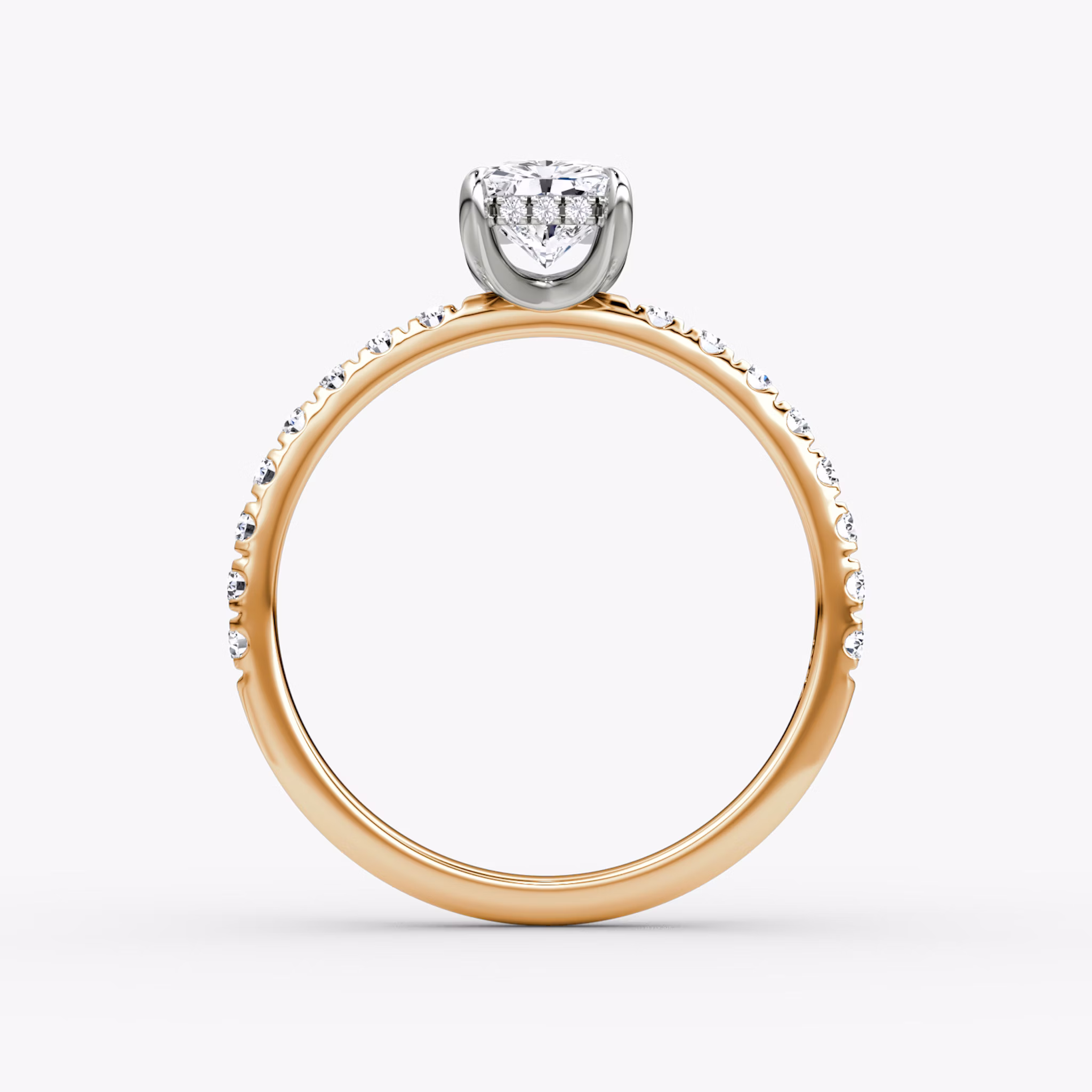 The Classic Hidden Halo | Radiant | 14k | Rose Gold and Platinum | bandAccent: Pavé | bandWidth: large | prongStyle: Plain | diamondOrientation: vertical | caratWeight: other
