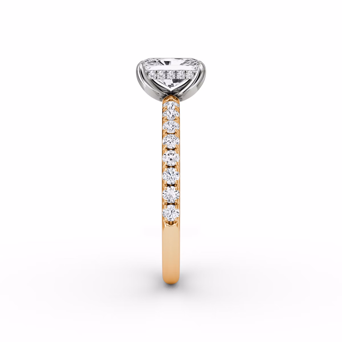 The Classic Hidden Halo | Radiant | 14k | Rose Gold and Platinum | bandAccent: Pavé | bandWidth: large | prongStyle: Plain | diamondOrientation: vertical | caratWeight: other