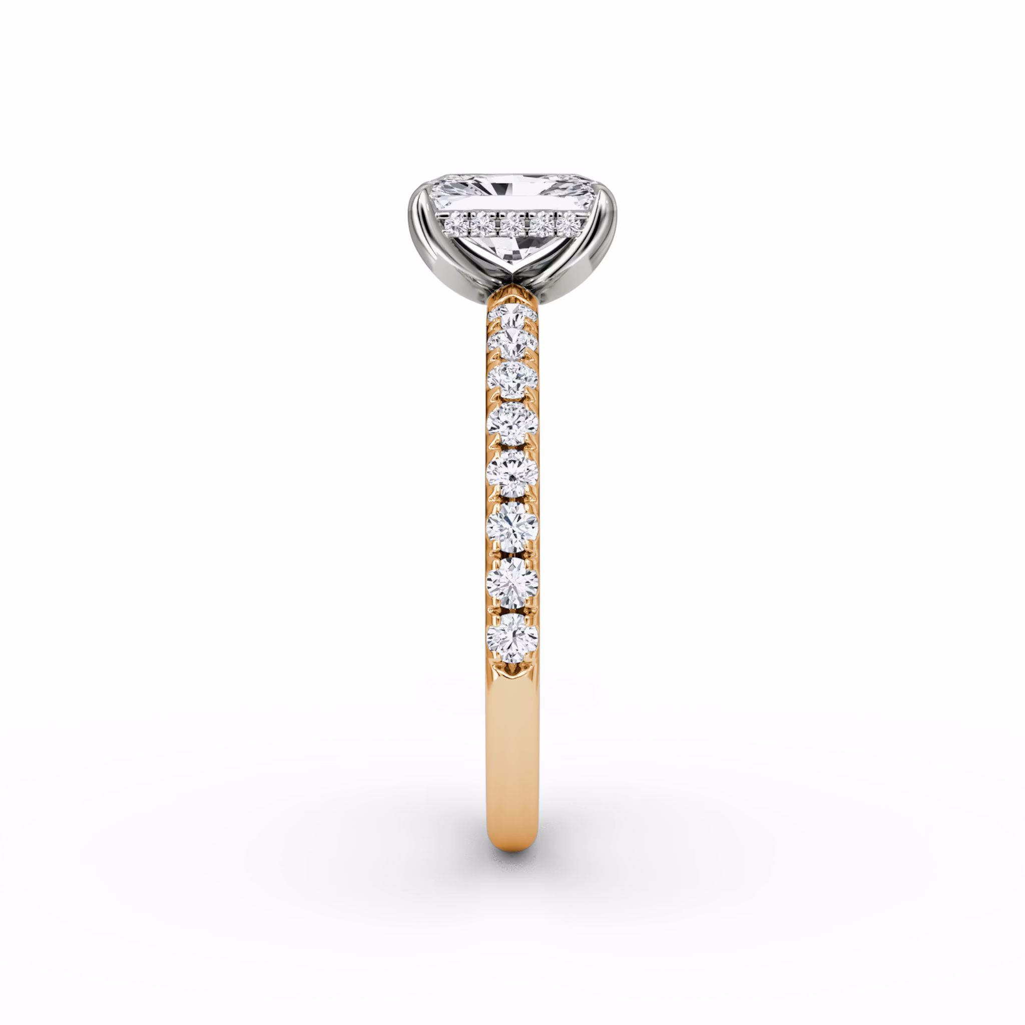 The Classic Hidden Halo | Radiant | 14k | Rose Gold and Platinum | bandAccent: Pavé | bandWidth: large | prongStyle: Plain | diamondOrientation: vertical | caratWeight: other