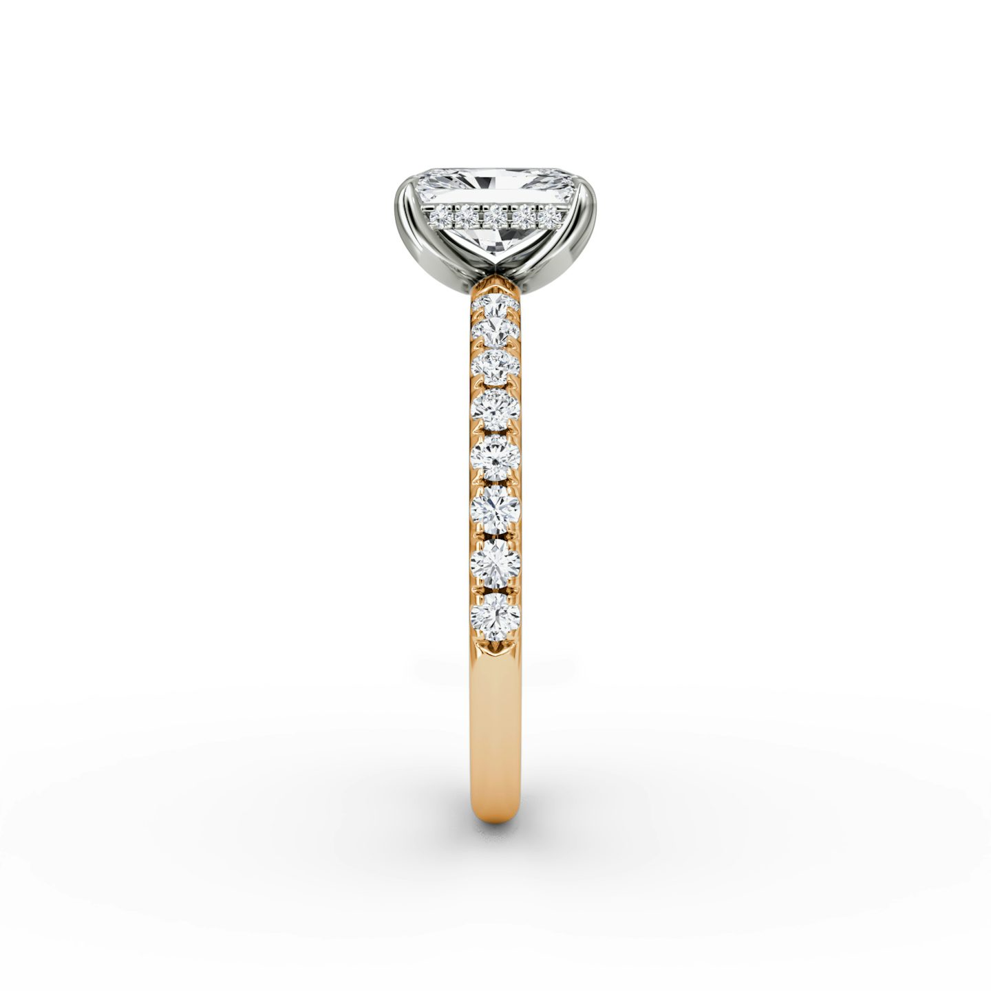 The Classic Hidden Halo | Radiant | 14k | Rose Gold and Platinum | bandAccent: Pavé | bandWidth: large | prongStyle: Plain | diamondOrientation: vertical | caratWeight: other