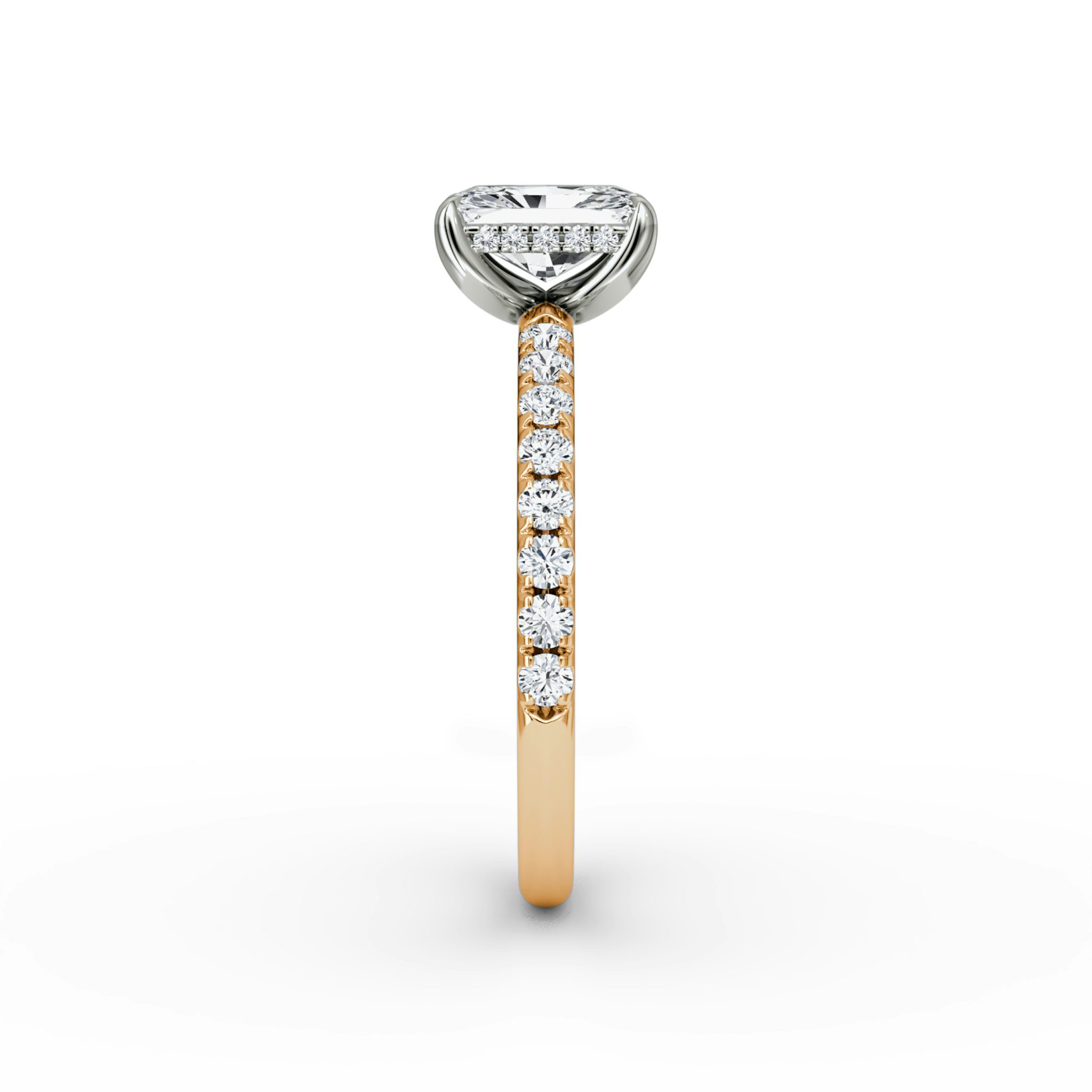 The Classic Hidden Halo | Radiant | 14k | Rose Gold and Platinum | bandAccent: Pavé | bandWidth: large | prongStyle: Plain | diamondOrientation: vertical | caratWeight: other