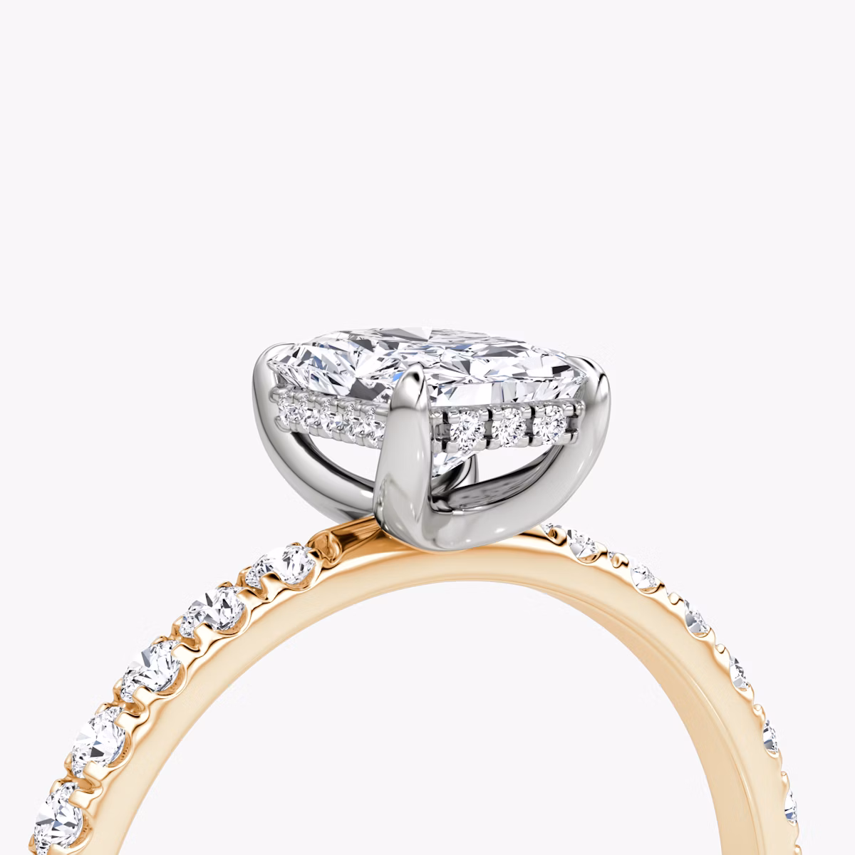 The Classic Hidden Halo | Radiant | 14k | Rose Gold and Platinum | bandAccent: Pavé | bandWidth: large | prongStyle: Plain | diamondOrientation: vertical | caratWeight: other