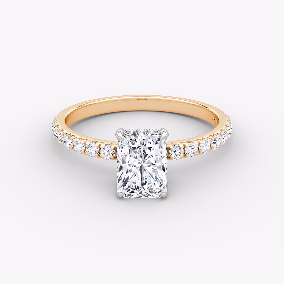 The Classic Hidden Halo | Radiant | 14k | Rose Gold and Platinum | bandAccent: Pavé | bandWidth: large | prongStyle: Plain | diamondOrientation: vertical | caratWeight: other