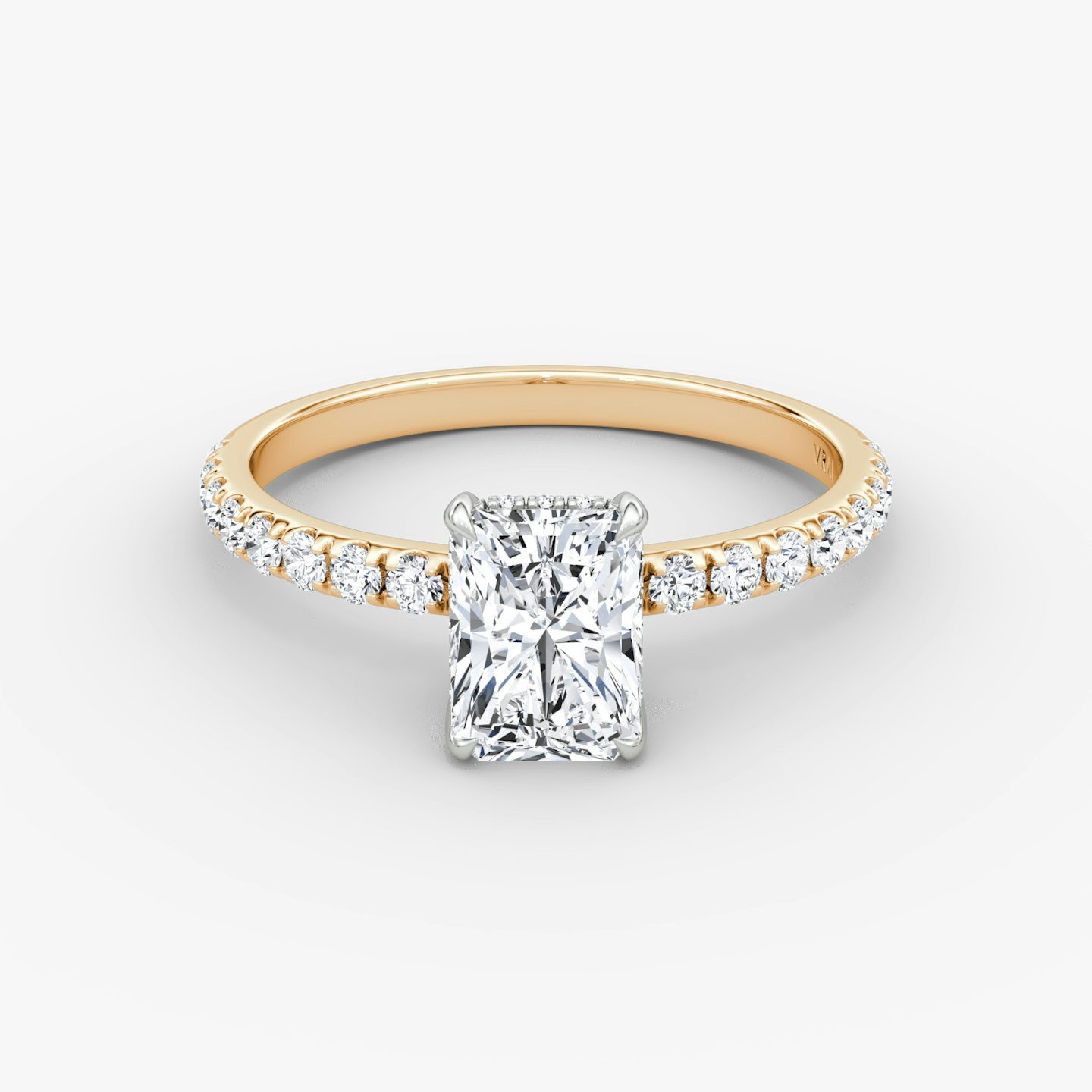 The Classic Hidden Halo | Radiant | 14k | Rose Gold and Platinum | bandAccent: Pavé | bandWidth: large | prongStyle: Plain | diamondOrientation: vertical | caratWeight: other