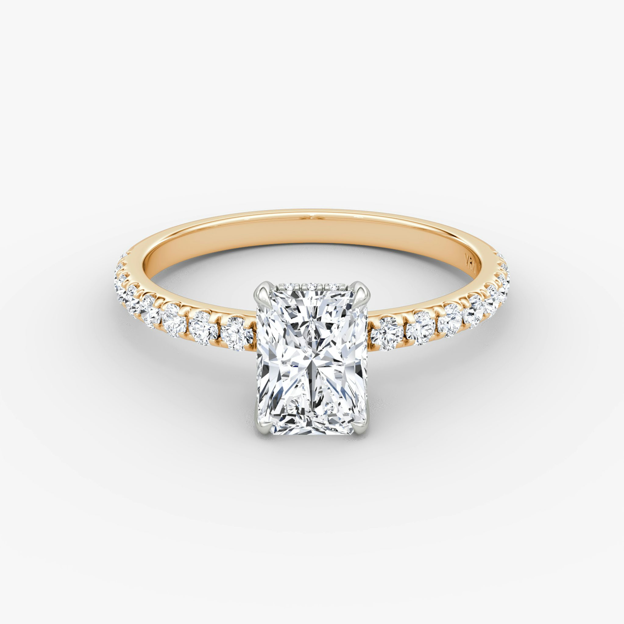 The Classic Hidden Halo | Radiant | 14k | Rose Gold and Platinum | bandAccent: Pavé | bandWidth: large | prongStyle: Plain | diamondOrientation: vertical | caratWeight: other