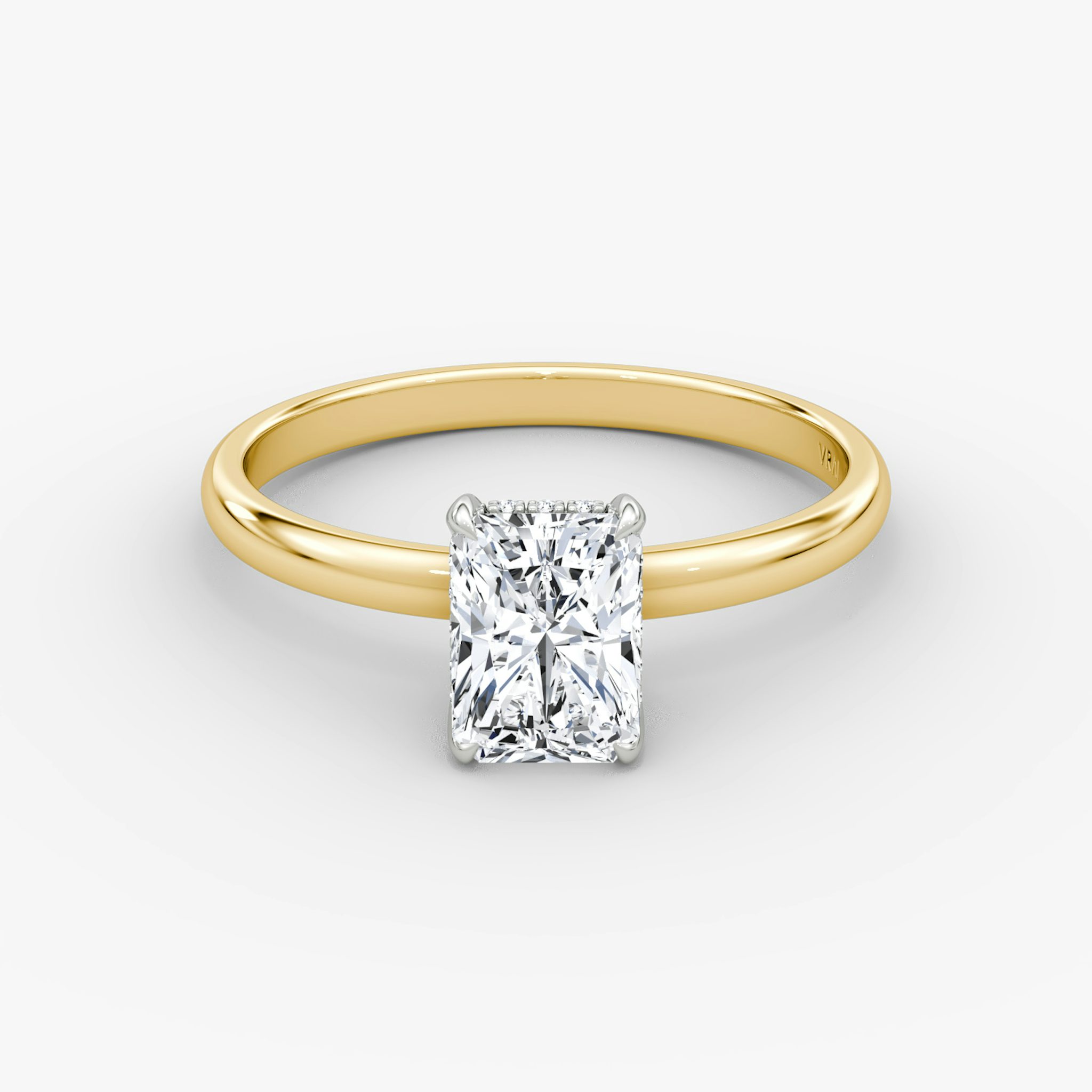 The Classic Hidden Halo | Radiant | 18k | Yellow Gold and Platinum | bandAccent: Plain | bandWidth: large | prongStyle: Plain | diamondOrientation: vertical | caratWeight: other