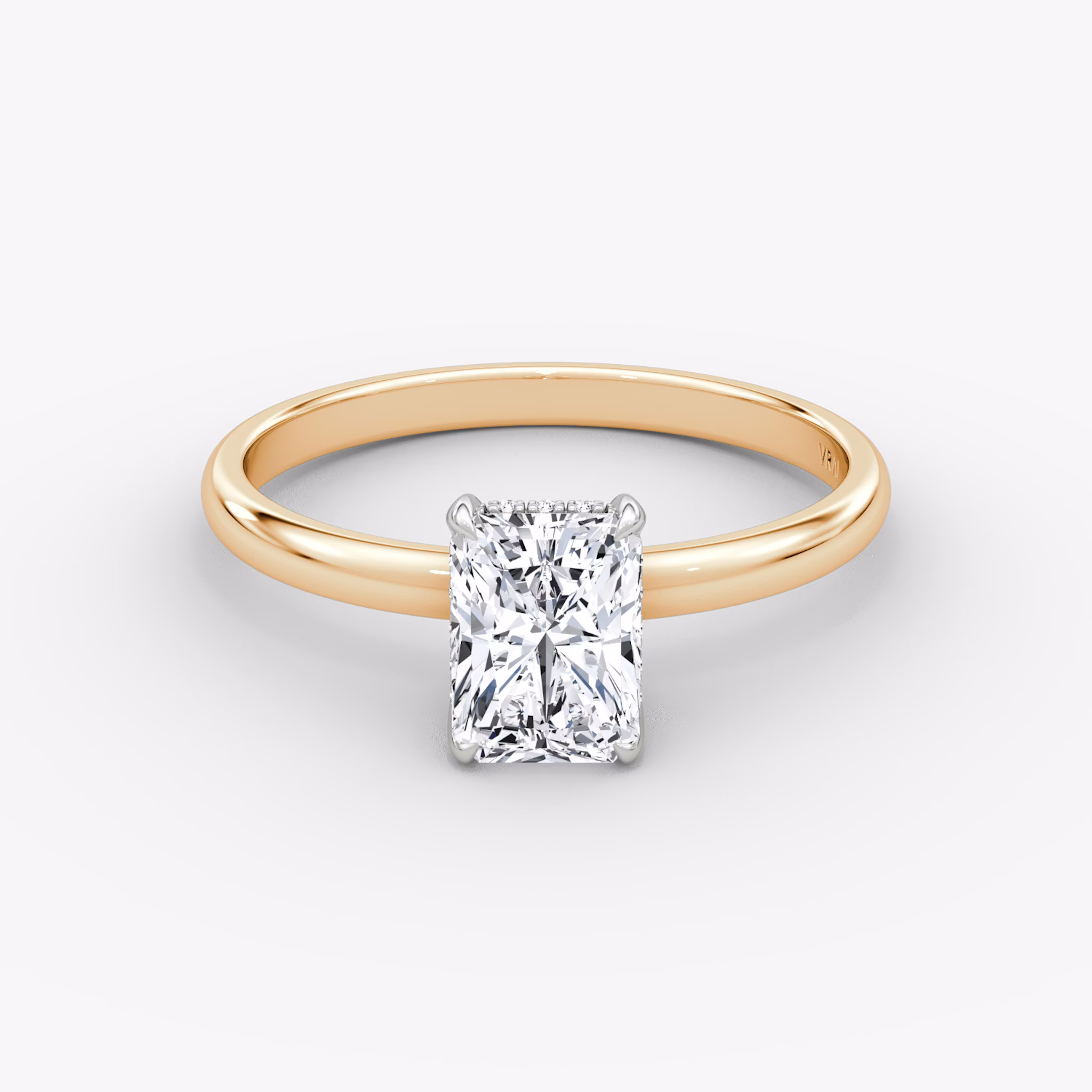 The Classic Hidden Halo | Radiant | 14k | Rose Gold and Platinum | bandAccent: Plain | bandWidth: large | prongStyle: Plain | diamondOrientation: vertical | caratWeight: other