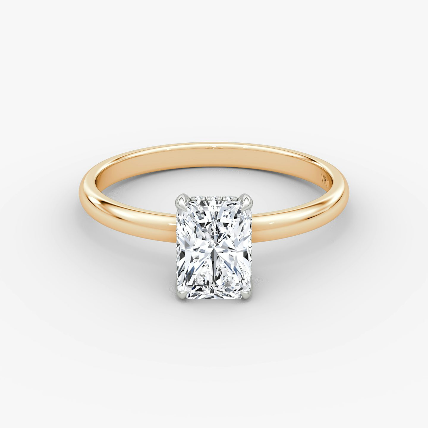 The Classic Hidden Halo | Radiant | 14k | Rose Gold and Platinum | bandAccent: Plain | bandWidth: large | prongStyle: Plain | diamondOrientation: vertical | caratWeight: other