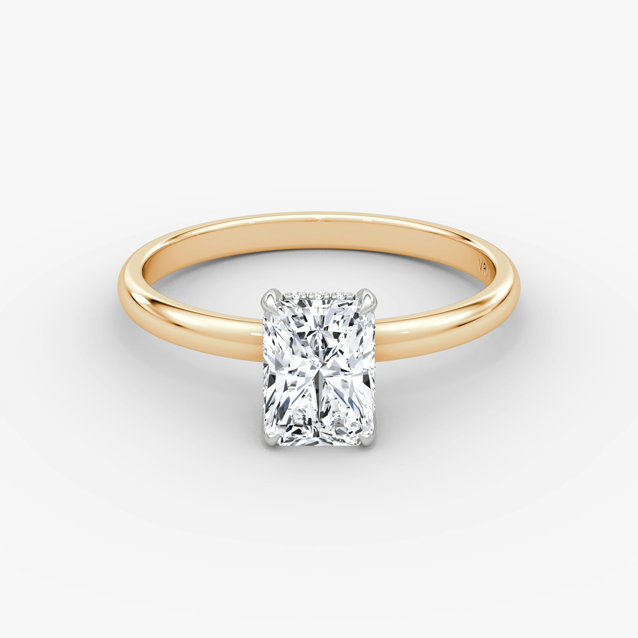 The Classic Hidden Halo | Radiant | 14k | Rose Gold and Platinum | bandAccent: Plain | bandWidth: large | prongStyle: Plain | diamondOrientation: vertical | caratWeight: other
