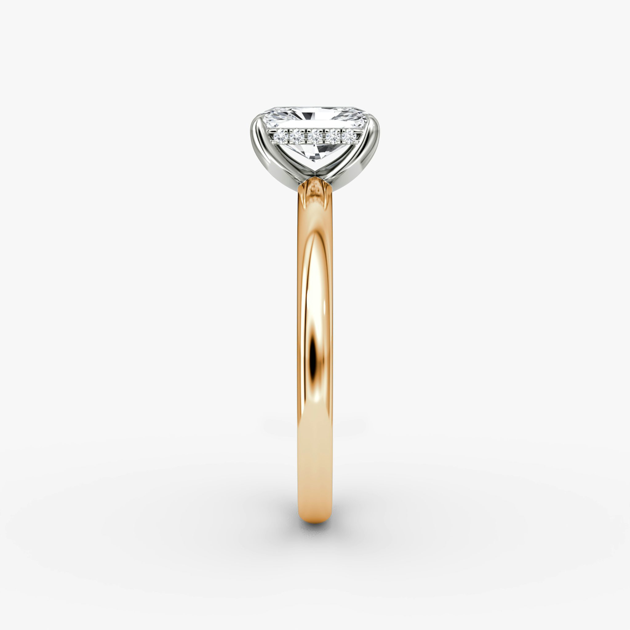 The Classic Hidden Halo | Radiant | 14k | Rose Gold and Platinum | bandAccent: Plain | bandWidth: large | prongStyle: Plain | diamondOrientation: vertical | caratWeight: other