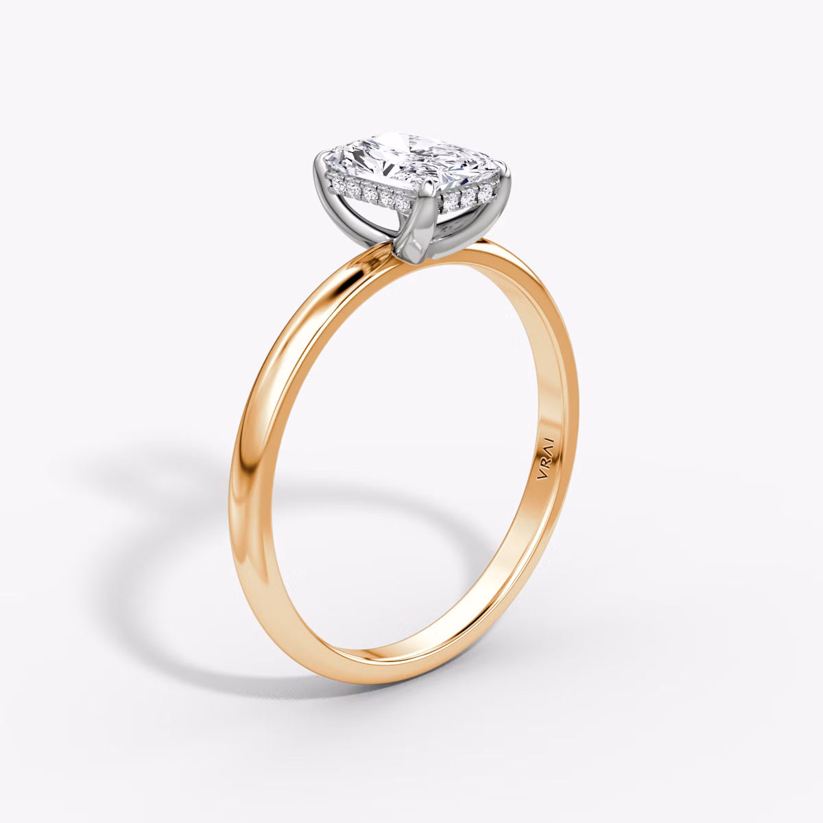 The Classic Hidden Halo | Radiant | 14k | Rose Gold and Platinum | bandAccent: Plain | bandWidth: large | prongStyle: Plain | diamondOrientation: vertical | caratWeight: other