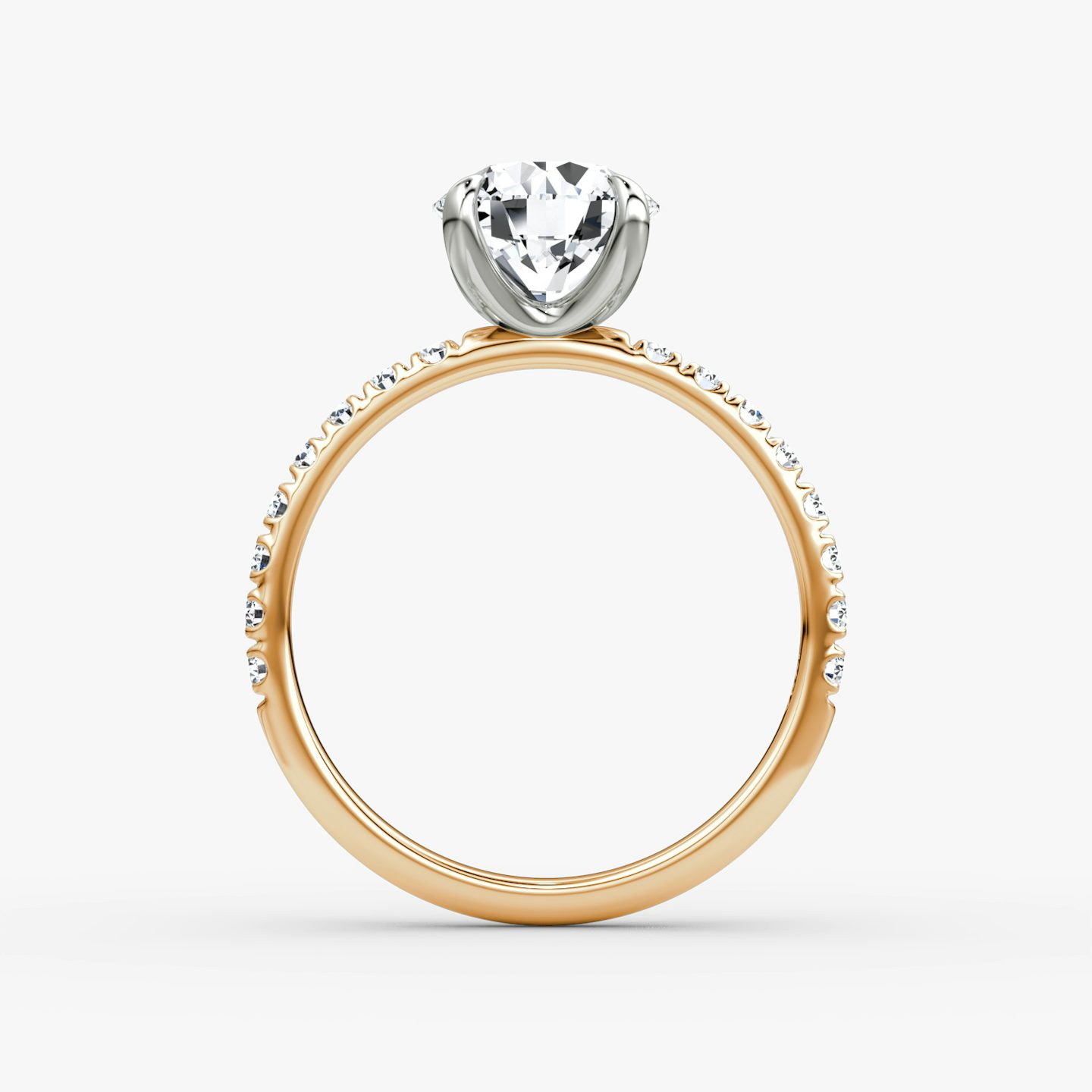 The Classic | Round Brilliant | 14k | Rose Gold and Platinum | bandAccent: Pavé | bandWidth: large | caratWeight: 1.0ct | diamondOrientation: vertical