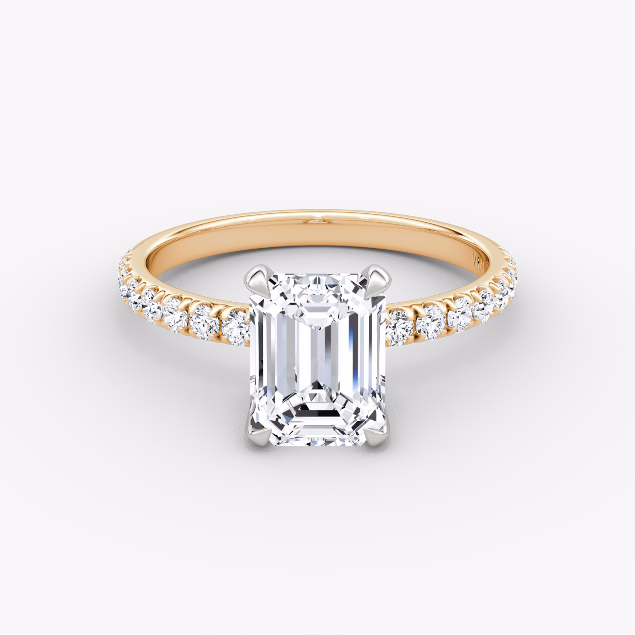 The Classic | Emerald | 14k | Rose Gold and Platinum | bandAccent: Pavé | bandWidth: large | diamondOrientation: vertical | caratWeight: other