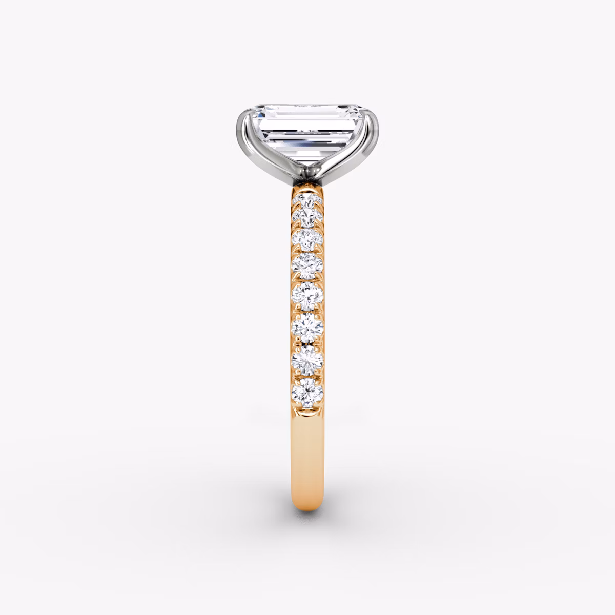 Anillo de compromiso Classic | Esmeralda | 14k | Oro rosa y platino | bandAccent: Pavé | bandWidth: large | diamondOrientation: vertical | caratWeight: other