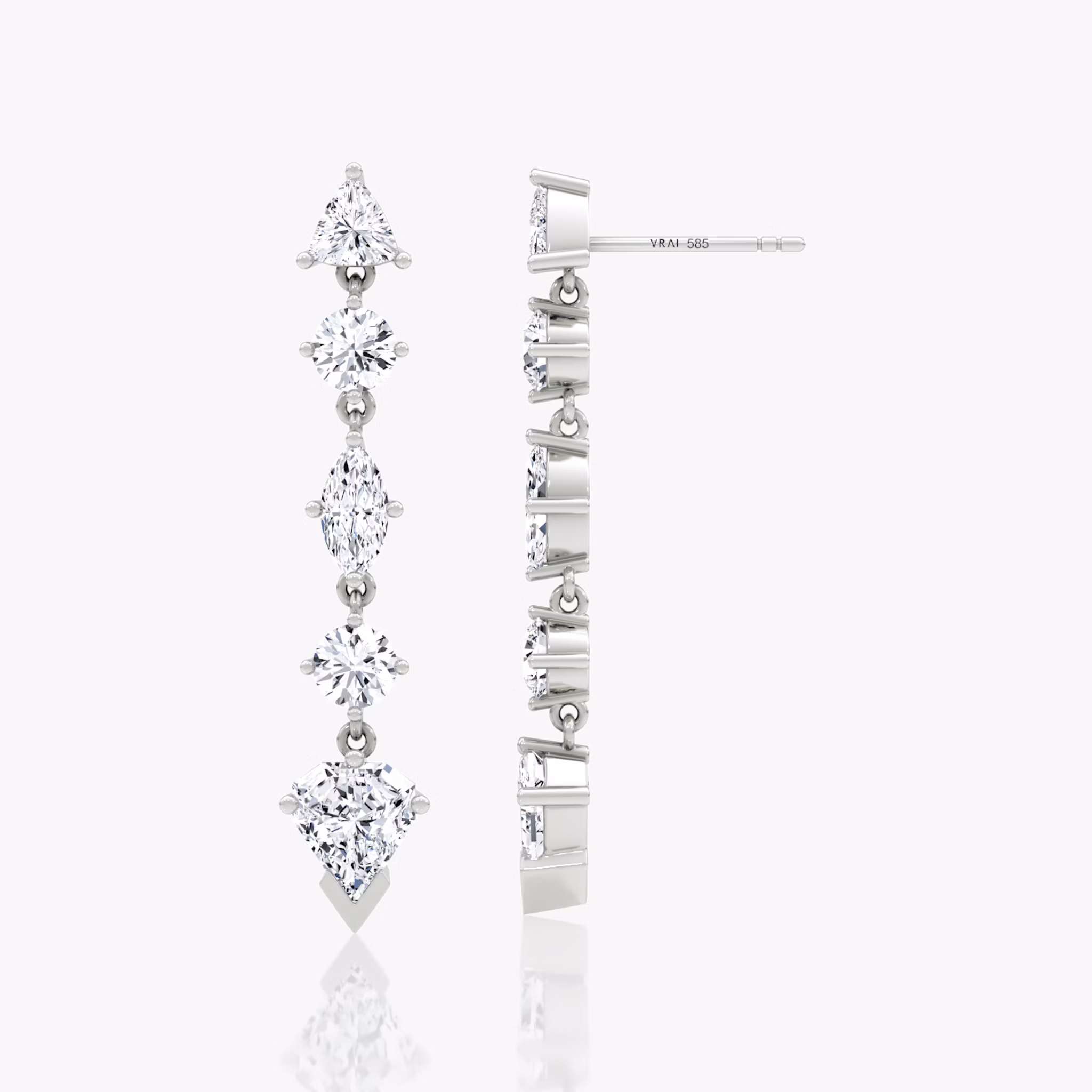 V Mixed Drop Shield Earring | Trillion and Round Brilliant and Marquise and Shield | 14k | White Gold