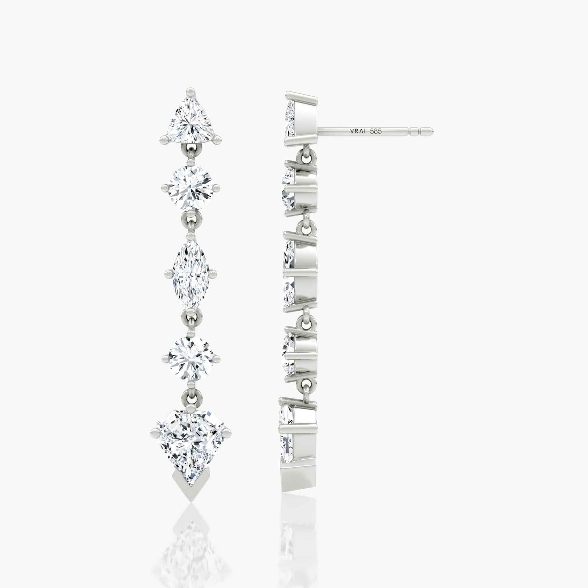 V Mixed Drop Shield Earring | Trillion and Round Brilliant and Marquise and Shield | 14k | White Gold